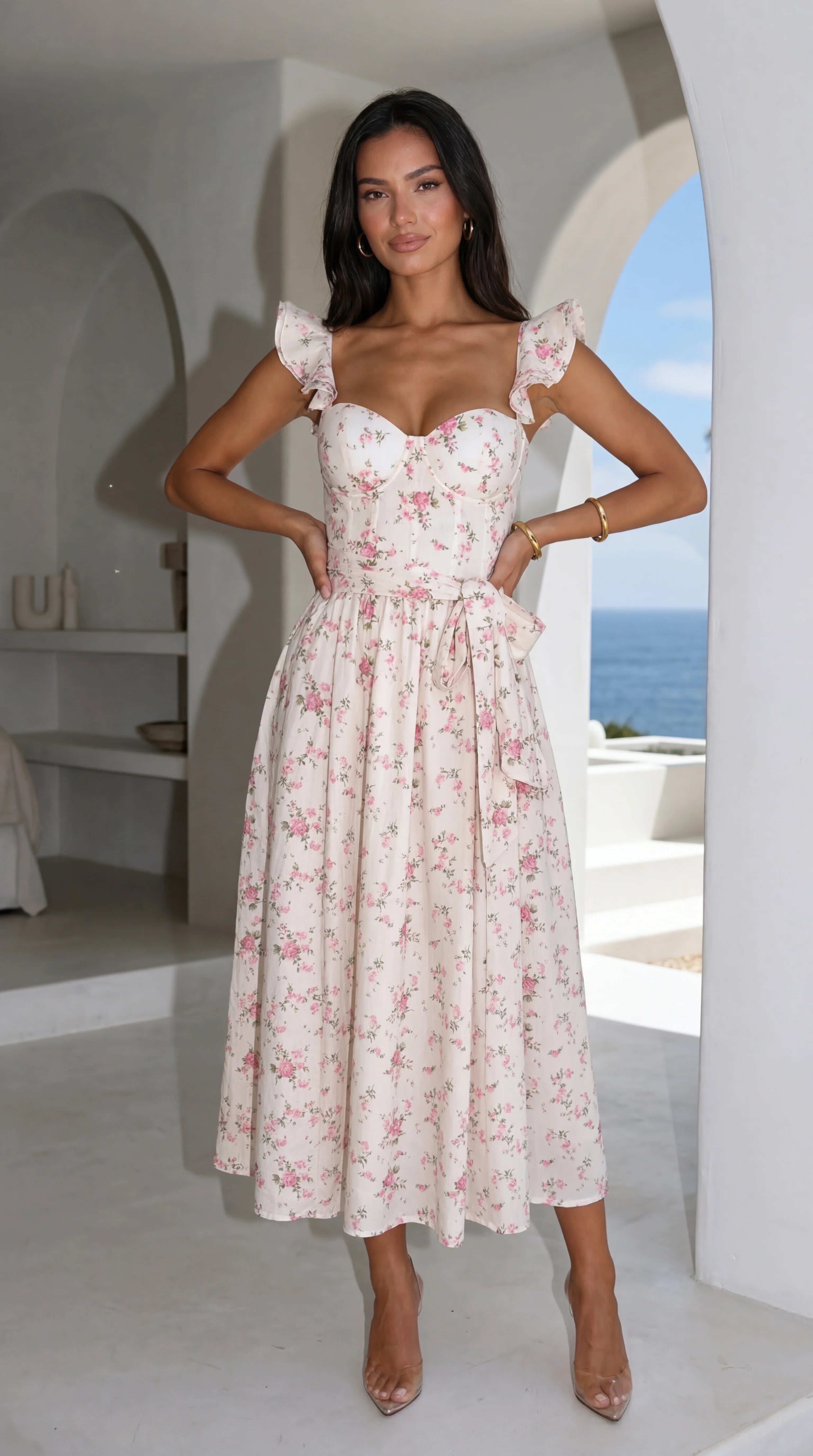 Florienne Floral Corset Flutter Midi Dress Ivory