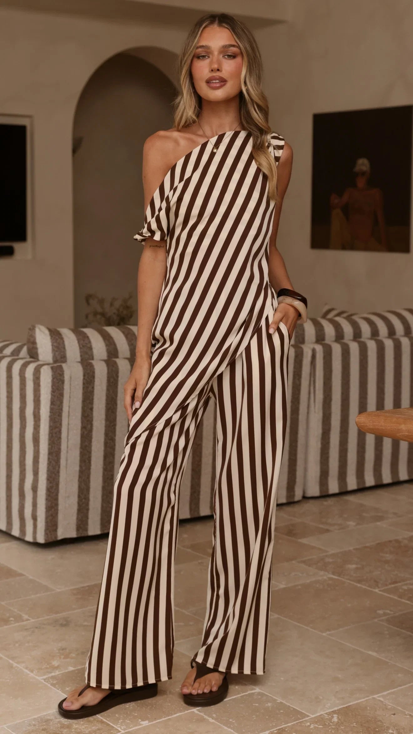 Liana Off Shoulder Top Pants Set Brown Stripe
