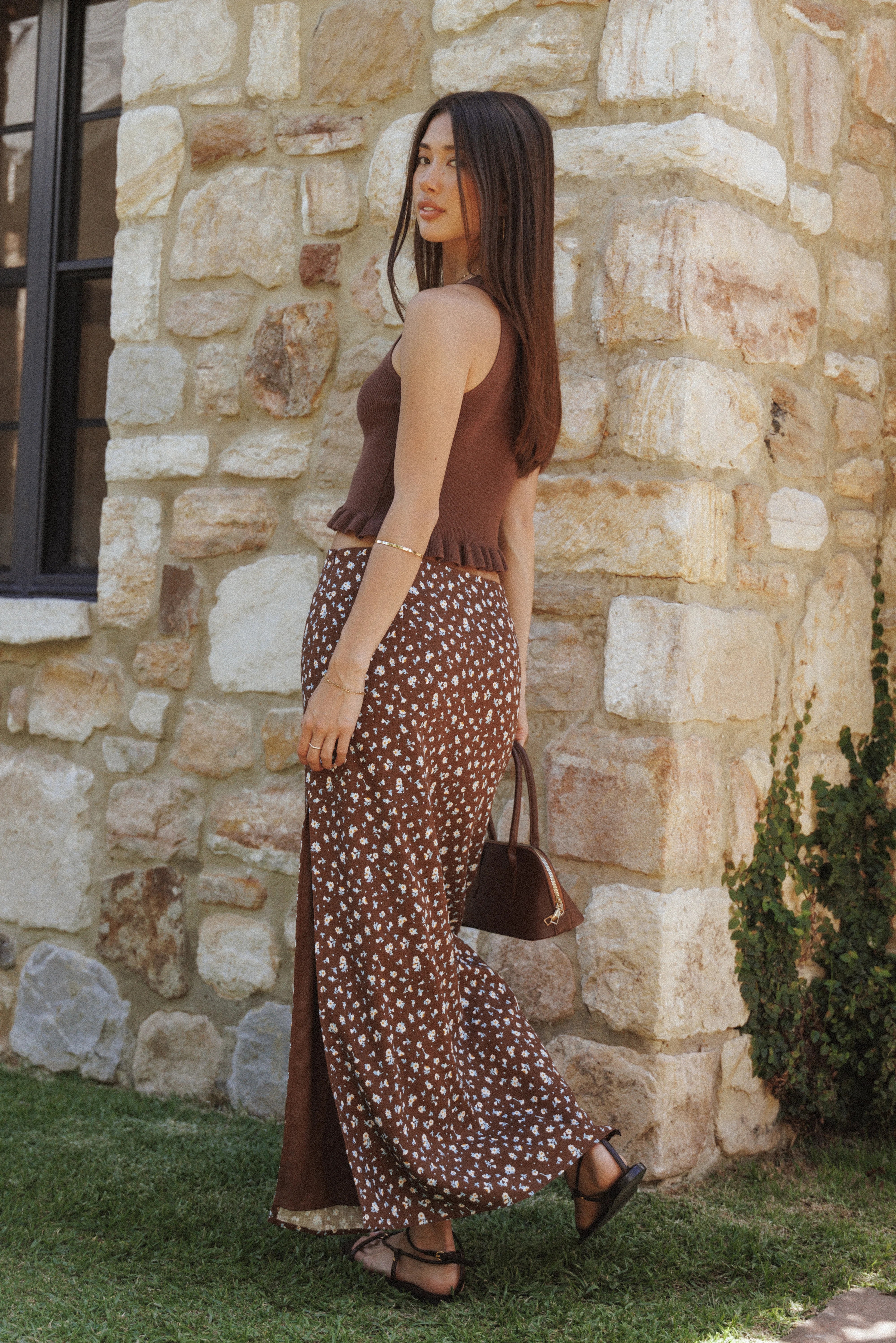 Madison Linen Column Skirt Brown Floral