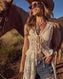 Desert Honey Ruffle Lace Front Tie Top