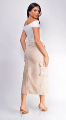 Sydney Denim Cargo Midi Skirt Beige