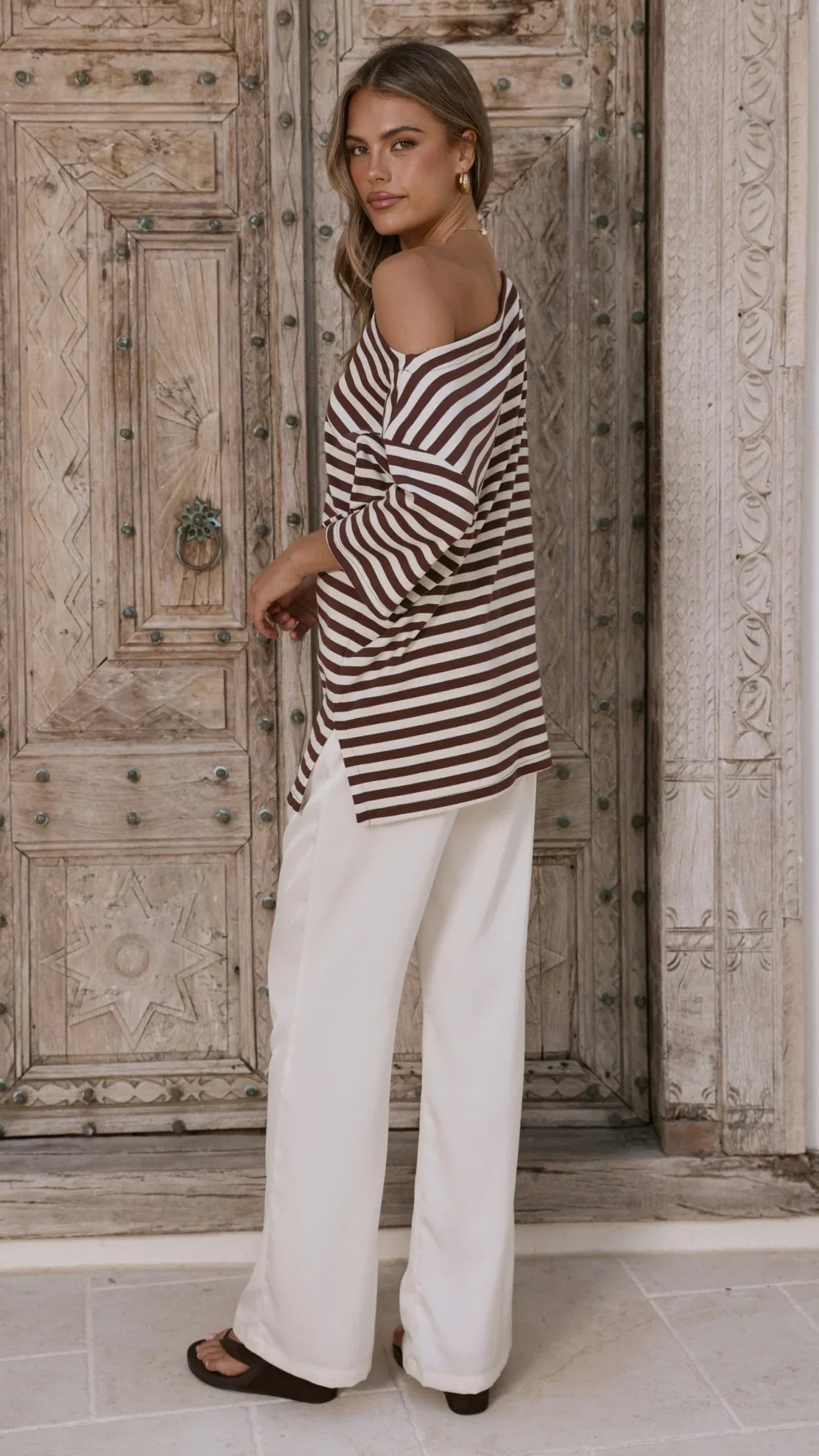 Pia One Shoulder Oversize Tee Choc White Stripe