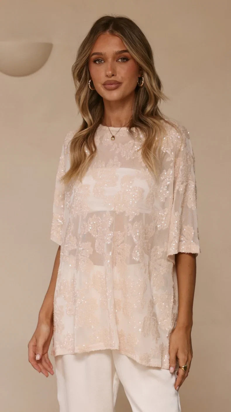 Arlo Oversized Sequin Top Beige Floral