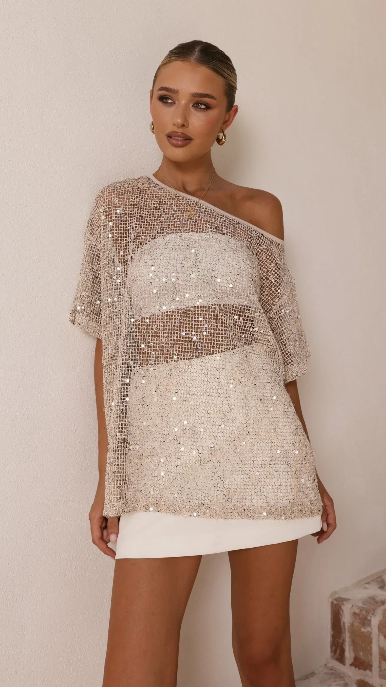 Zinnie Sequins Off Shoulder Top Beige