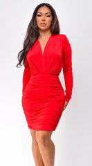 Kuria Long Sleeve Ruched Mini Dress Red