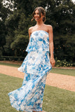 Bloom Strapless Maxi Dress Blue White Floral