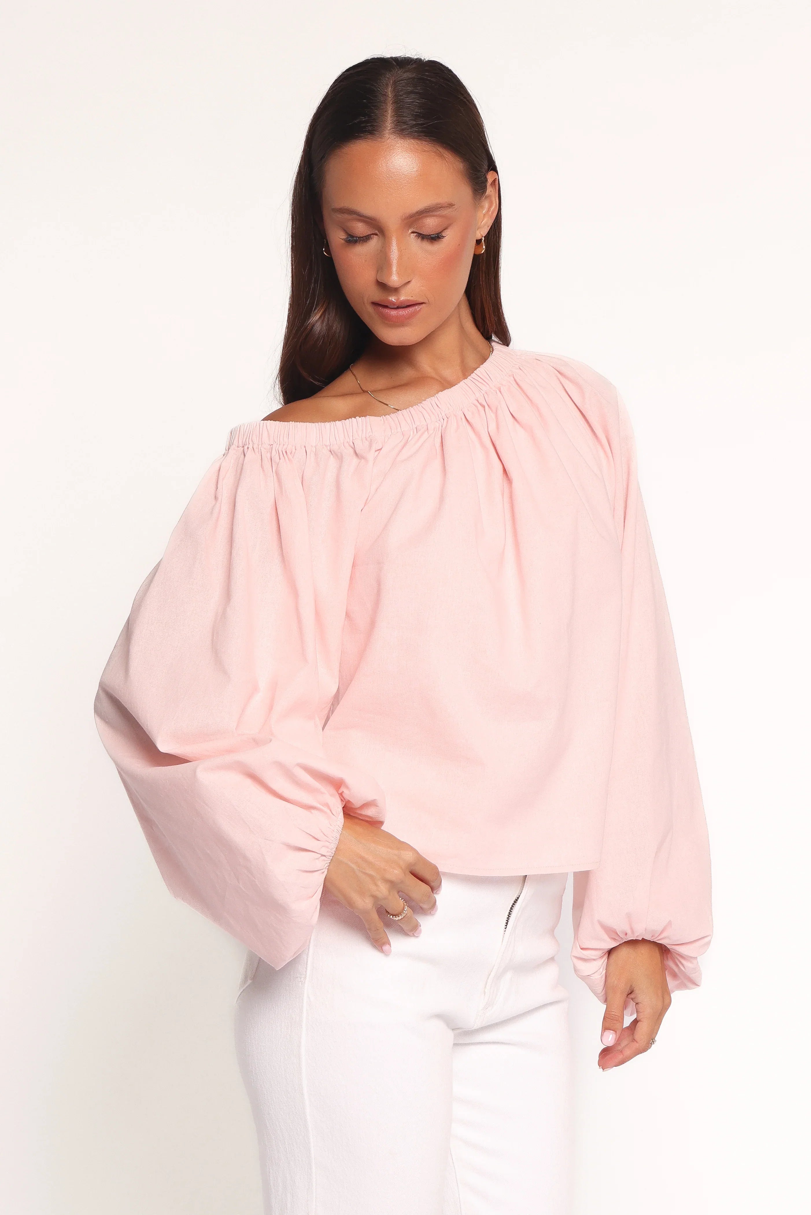 Zion Off Shoulder Long Sleeve Top Pale Pink