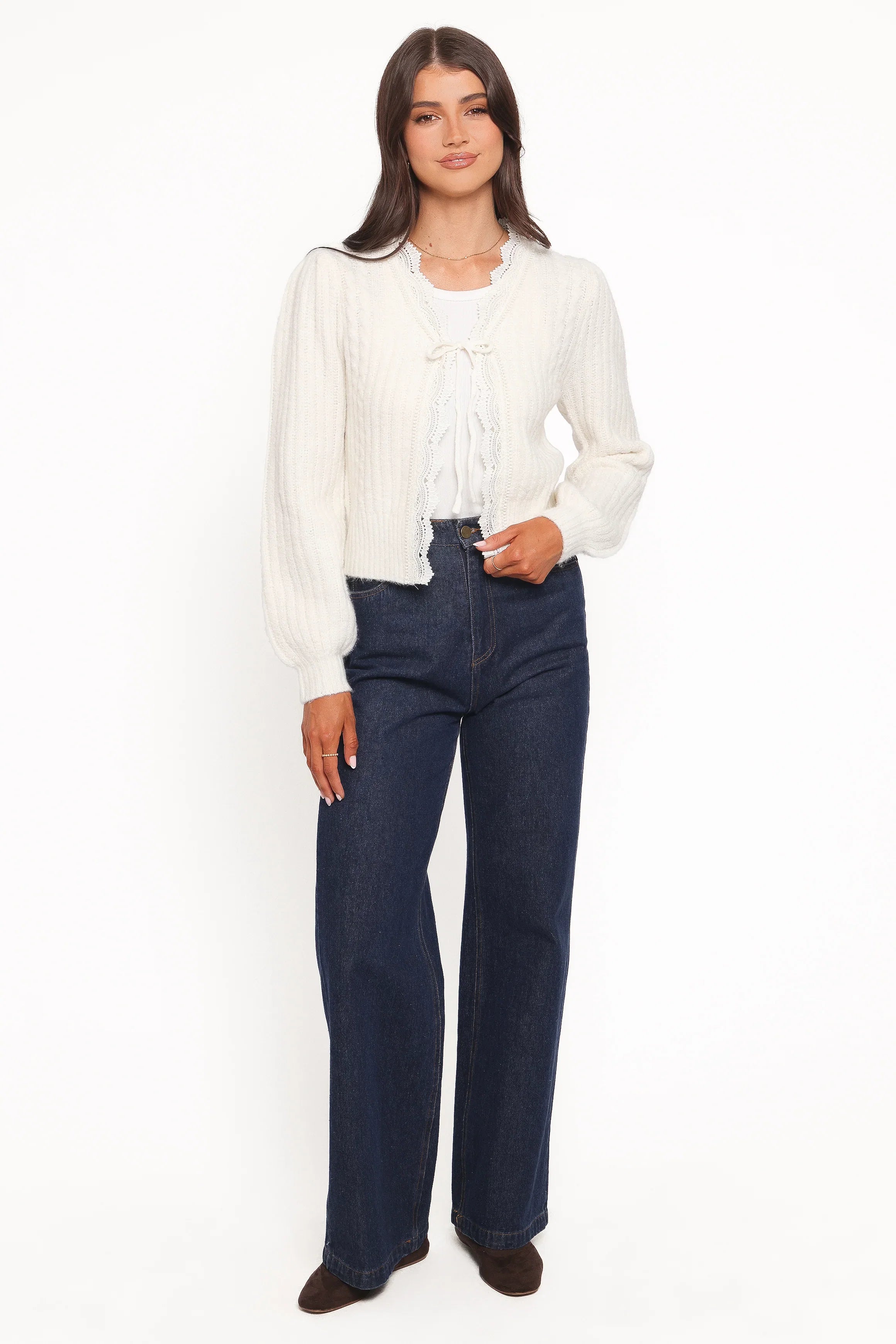 Silvie Lace Front Tie Cardigan Cream
