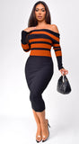 Robyn Stripe Ribbed Off Shoulder Midi Dress Black