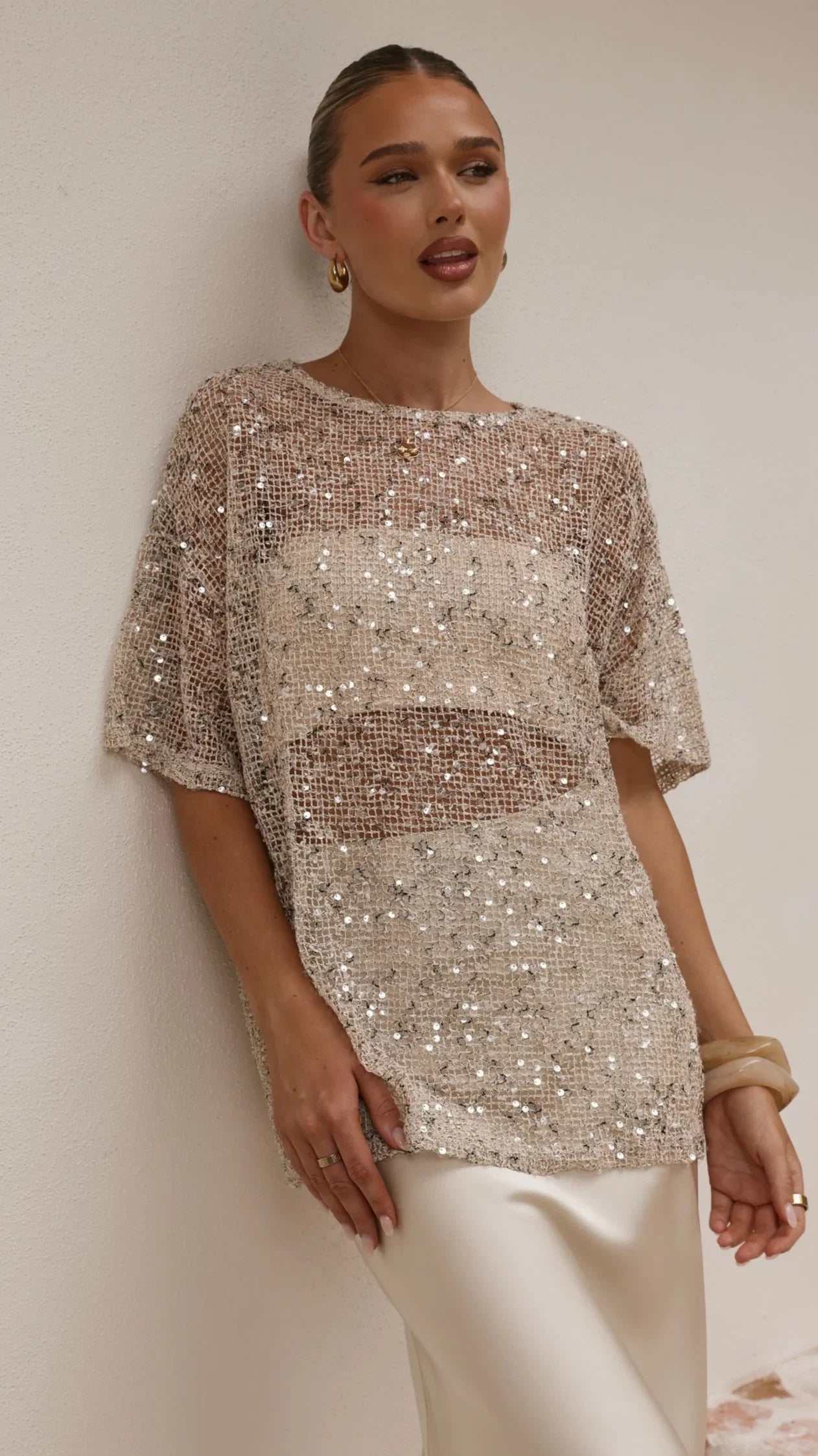 Zinnia Oversized Sequins Tee Beige