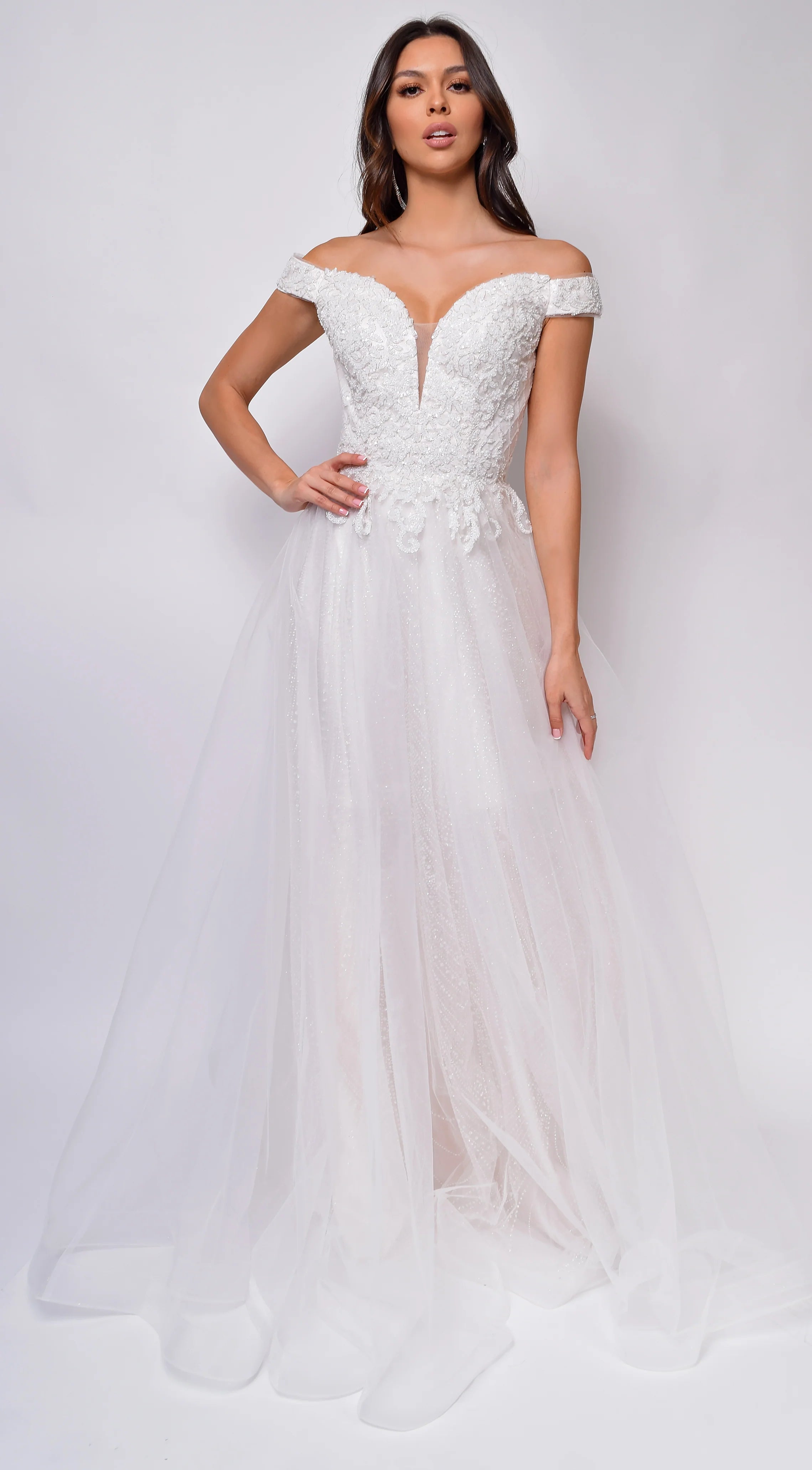 Nicole Sweetheart Neckline A Line Lace Off Shoulder Layered Tulle Skirt Bridal Gown