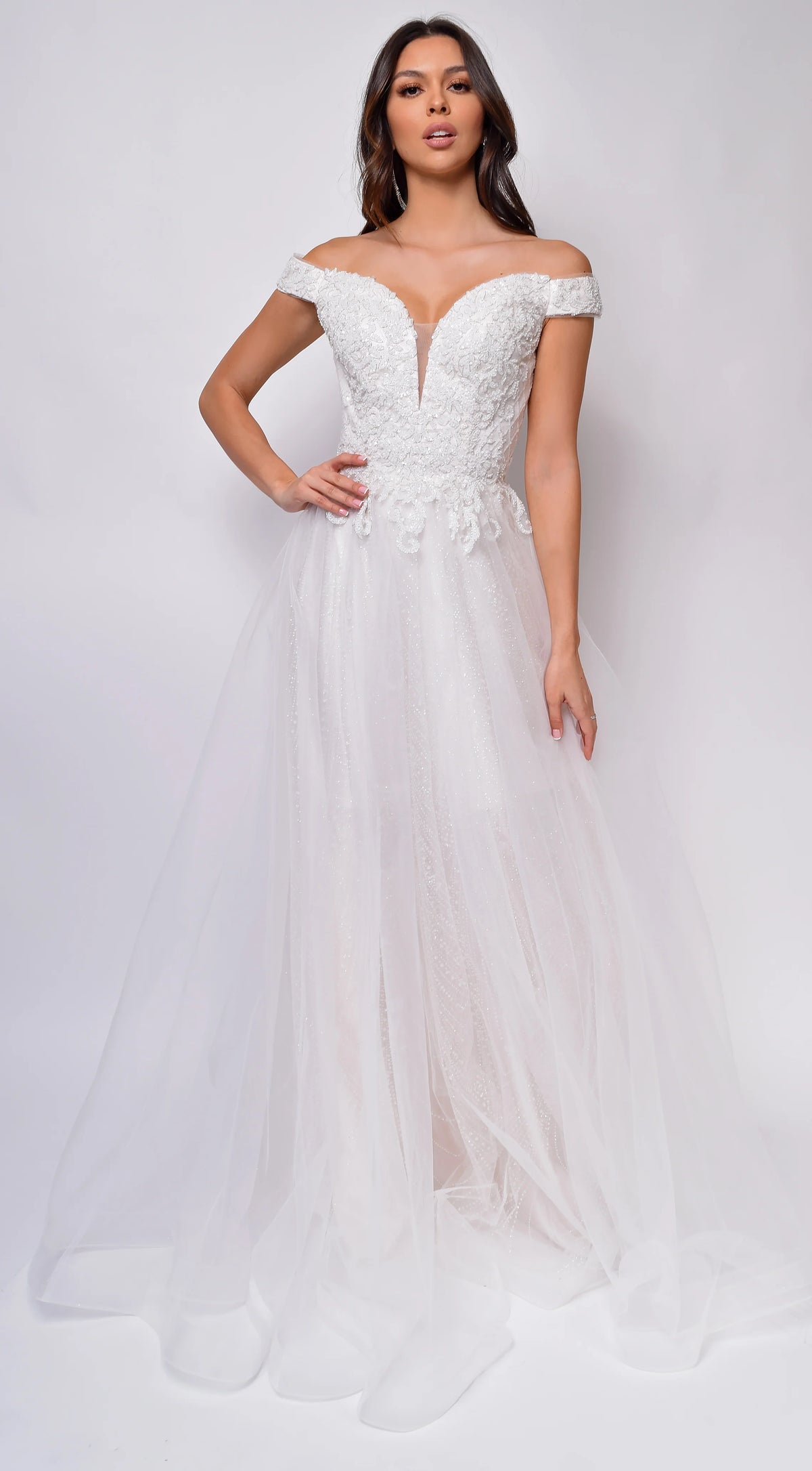 Nicole Sweetheart Neckline A Line Lace Off Shoulder Layered Tulle Skirt Bridal Gown