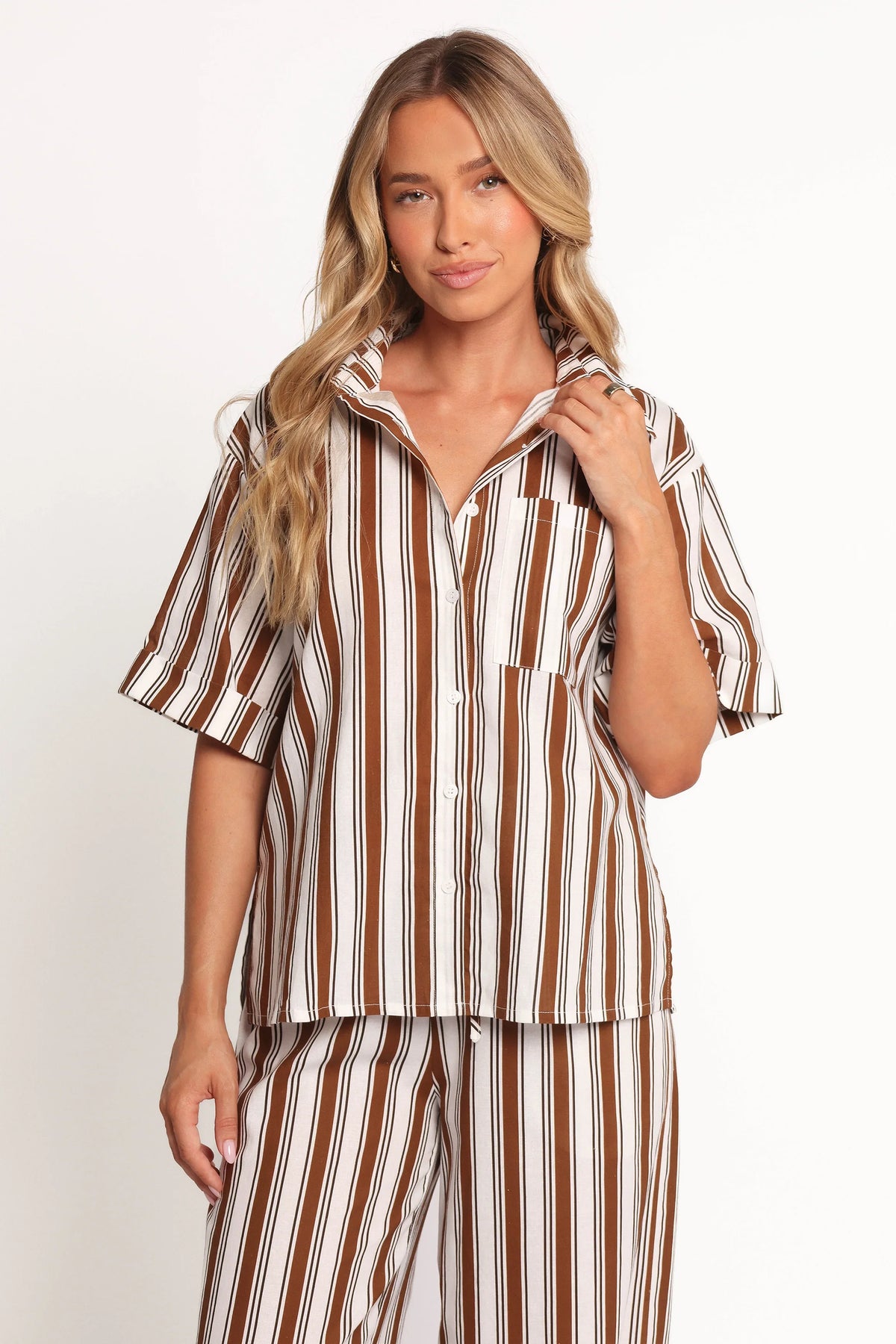 Thalia Short Sleeve Shirt Chocolate Stripe