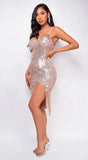Pescara Rose Gold Sequin Side Slit Dress