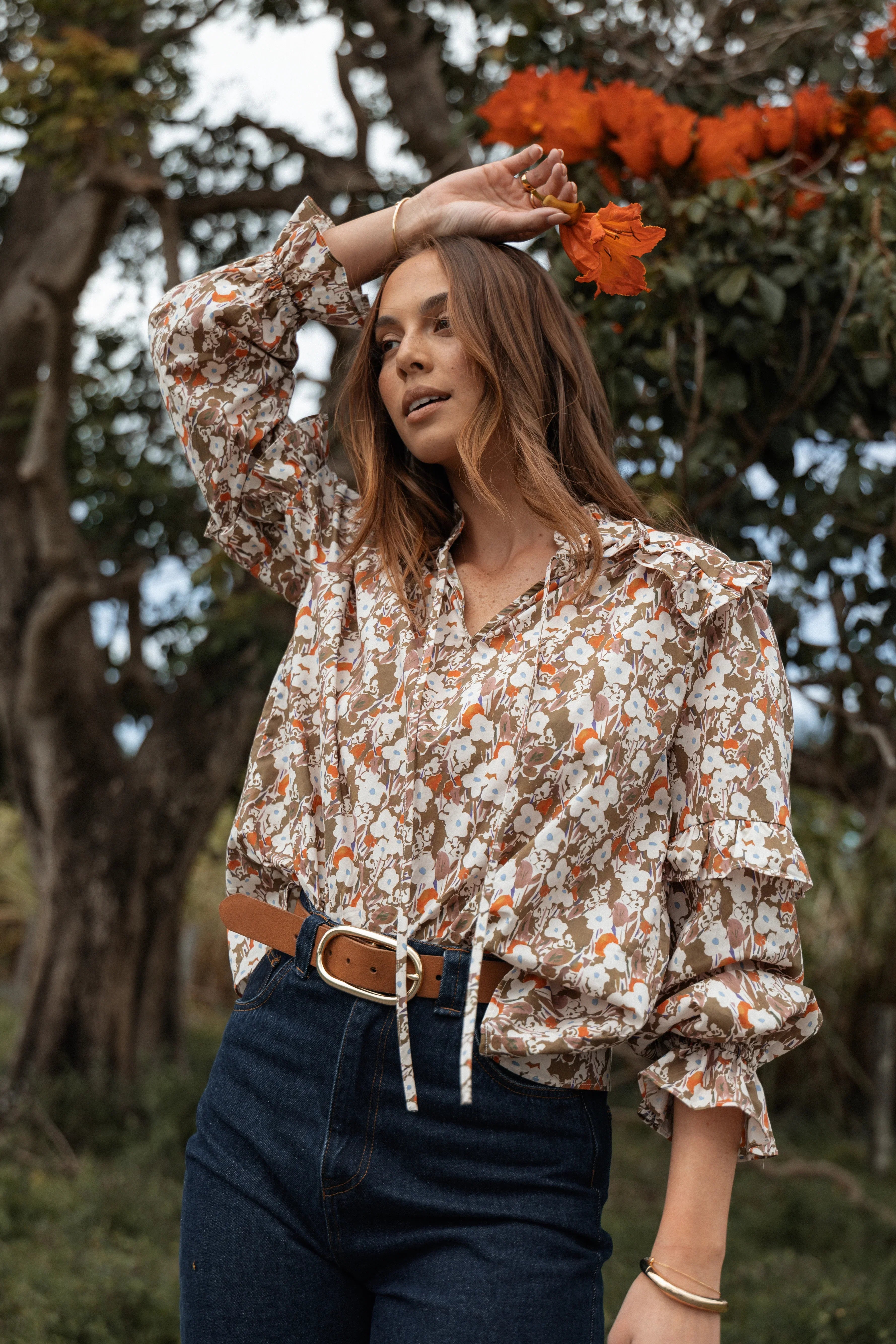 Selmah Long Sleeve Top Cream Olive Orange