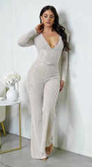 Elektra V Neck Pearl Sequin Jumpsuit Cream