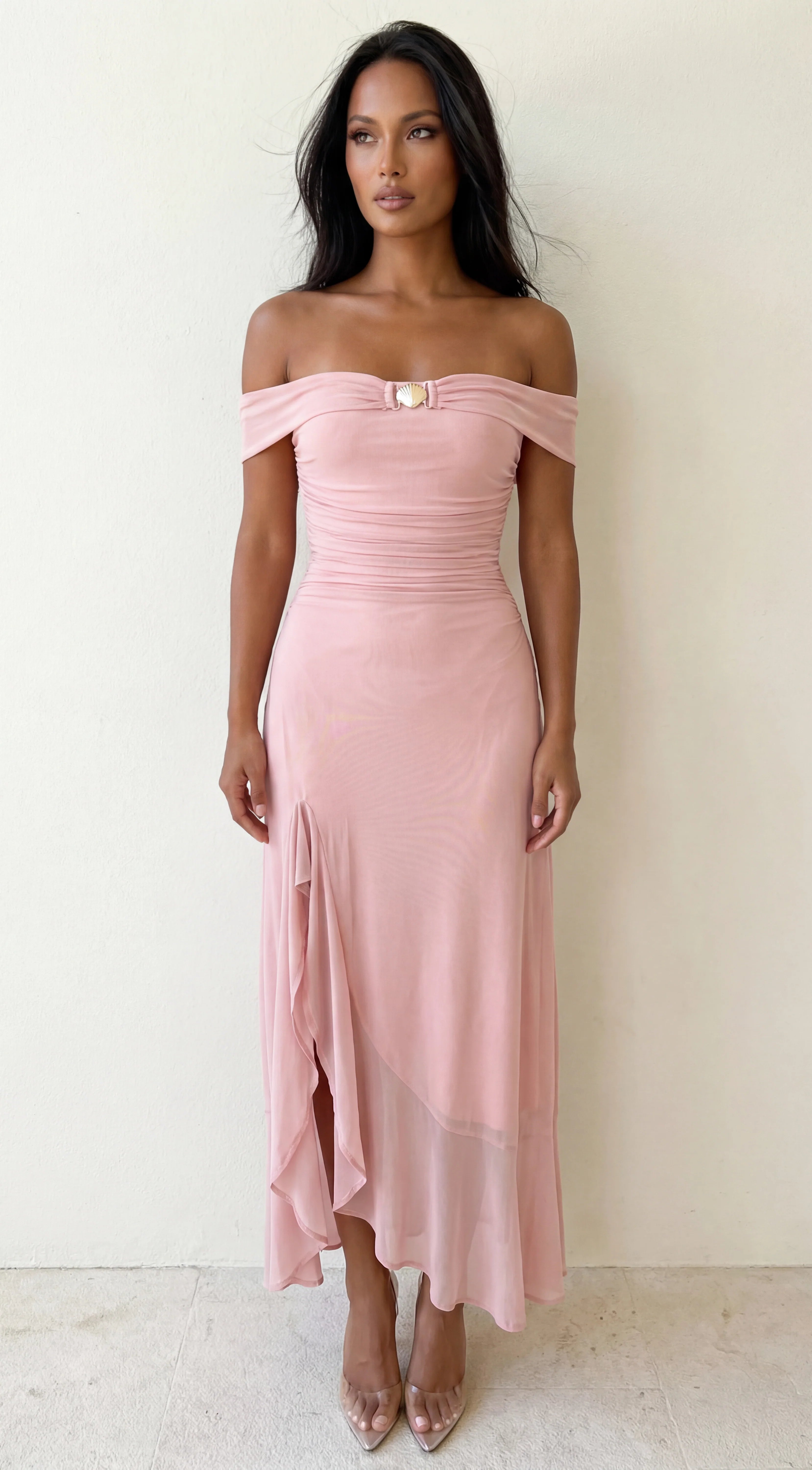 Calie Off Shoulder Mesh Maxi Dress Pink