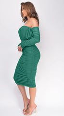Annora Mesh Long Sleeve Ruched Midi Dress Green