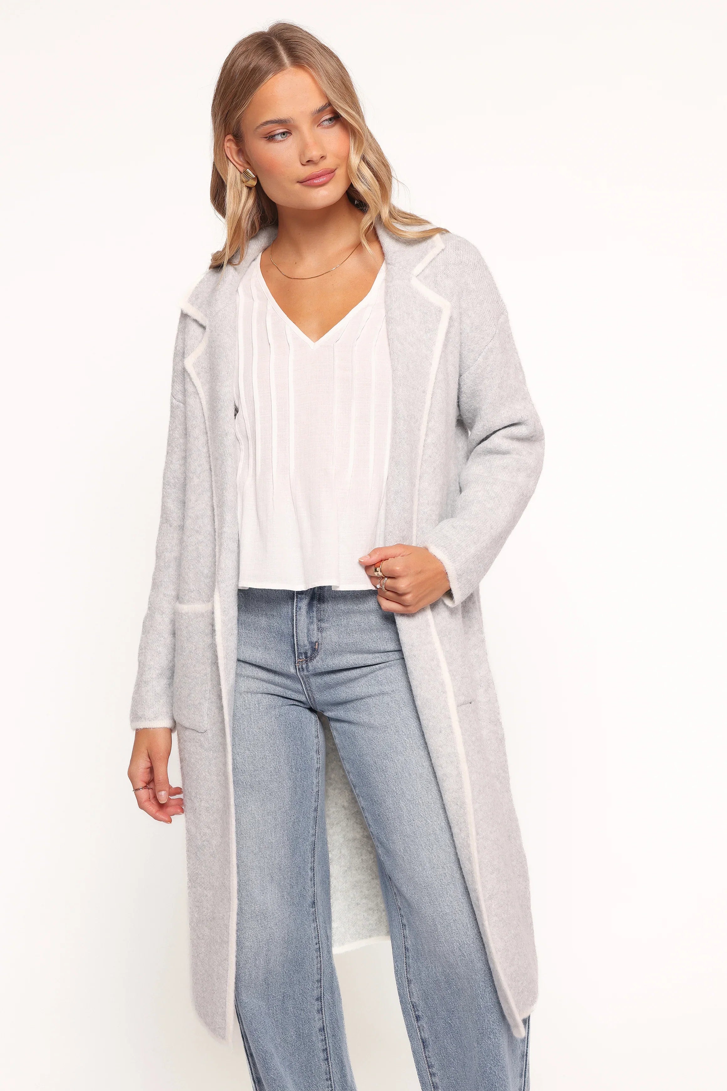 Katia Contrast Trim Coatigan Light Grey
