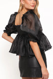 Solenne Puff Sleeve Peplum Organza Top Black