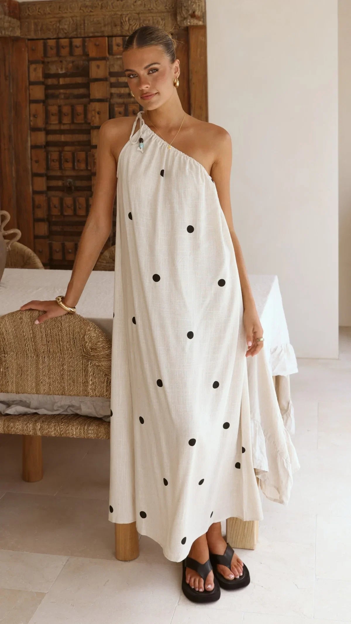 Nasira One Shoulder Maxi Dress Oat Black Polka Dot
