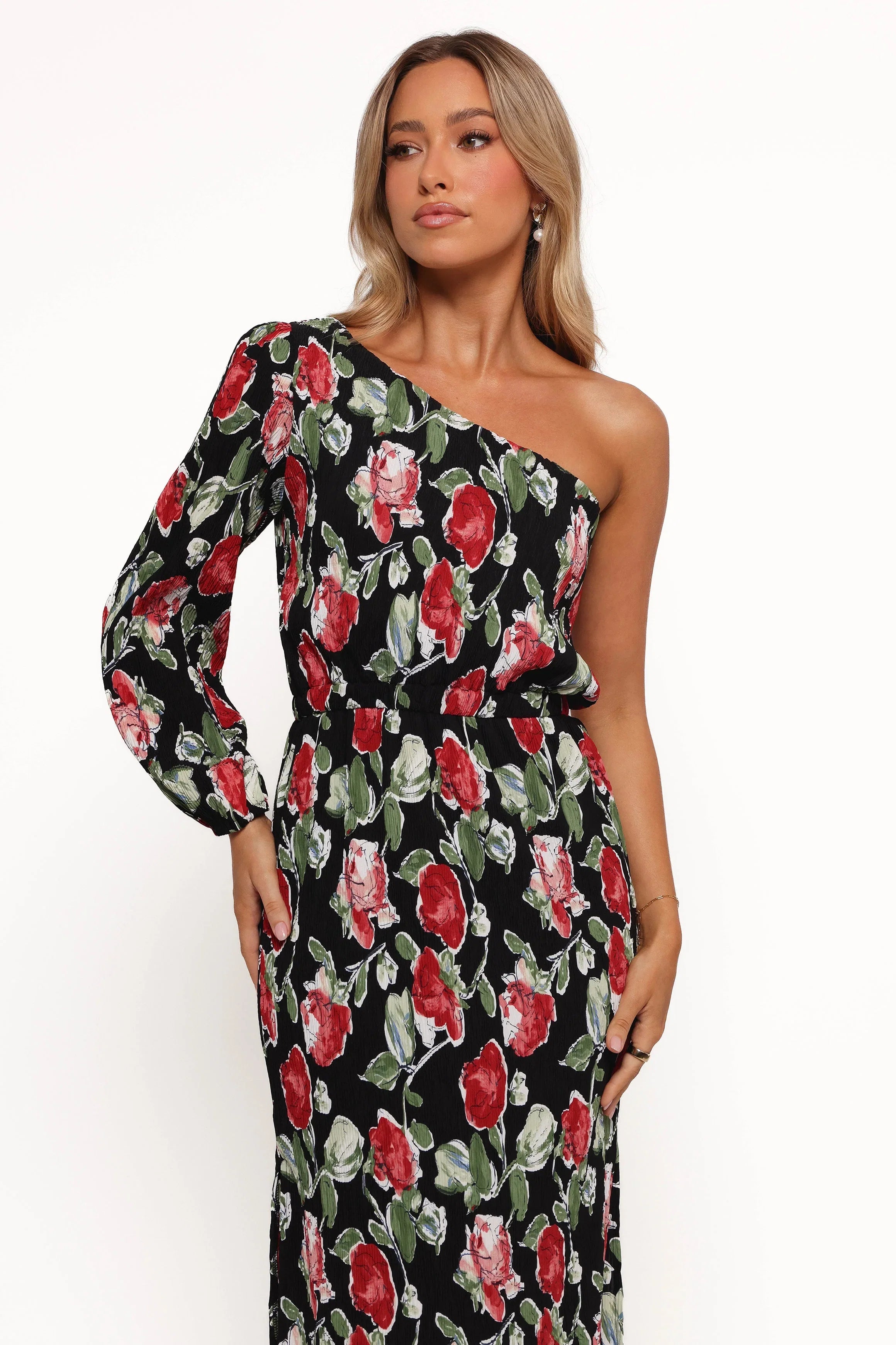 Pontee One Shoulder Pleated Midi Dress Black Rose Print