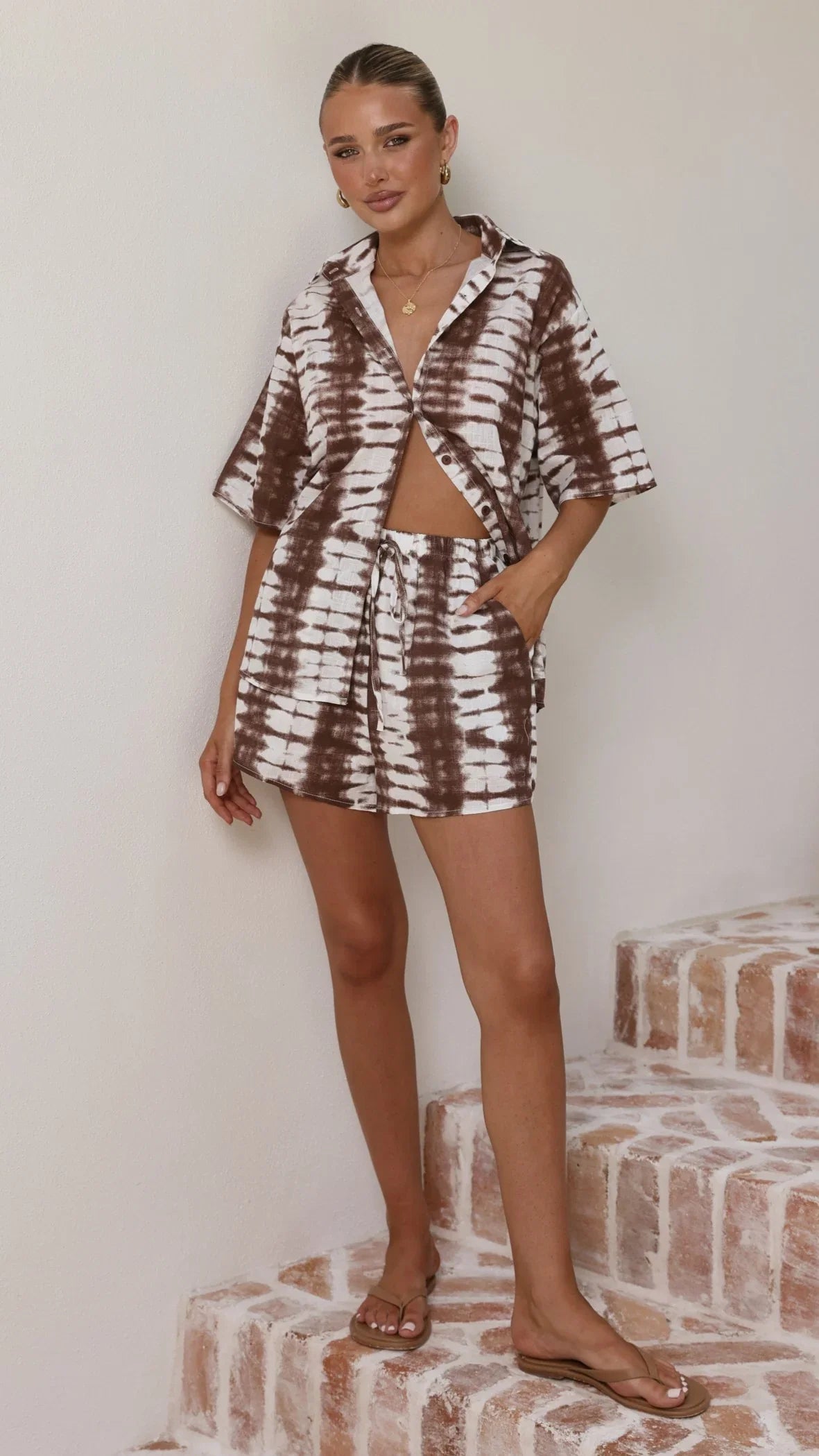 Ravenna Button Up Shirt and Shorts Set Chocolate Tie Dye