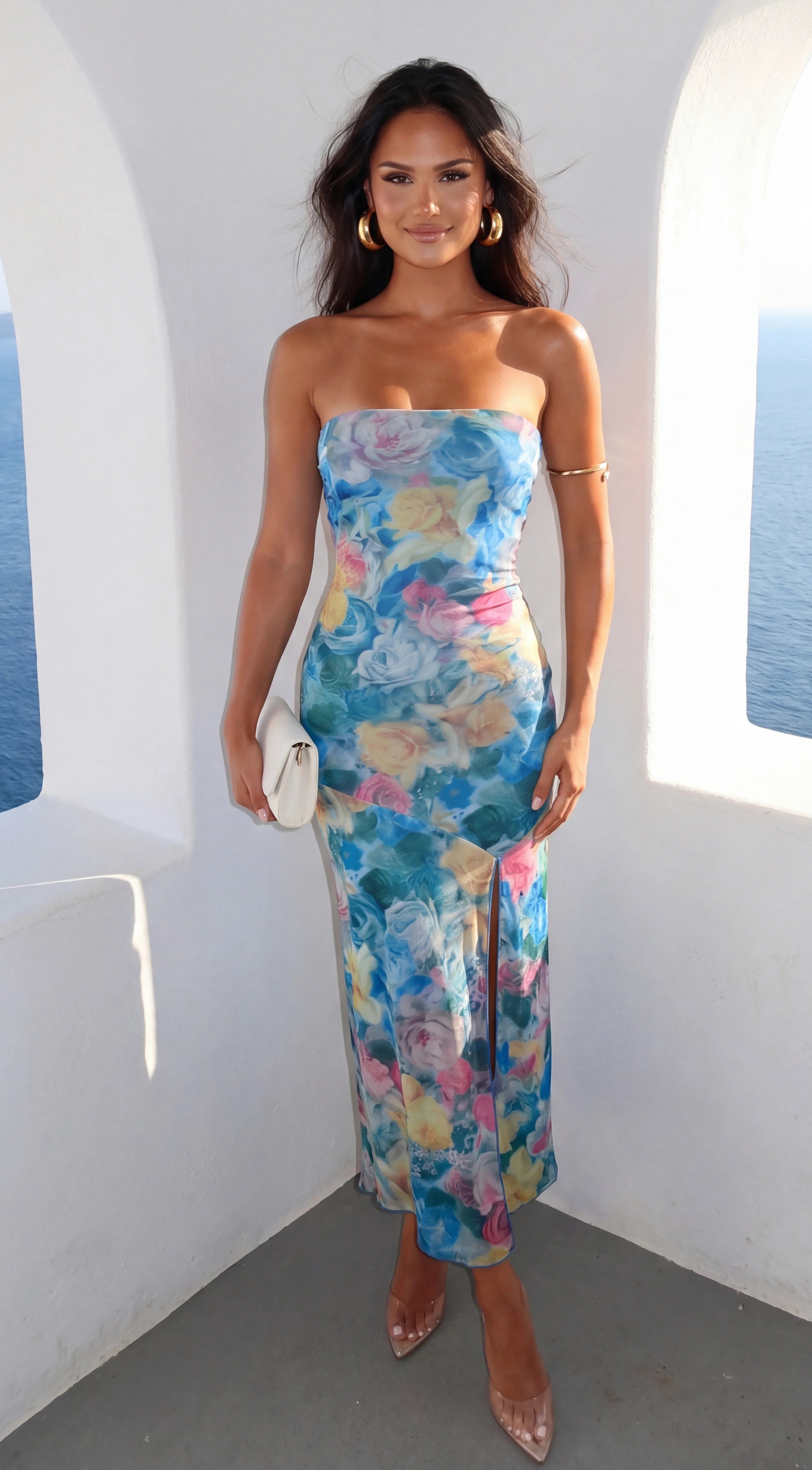 Aquarella Floral Strapless Tube Midi Dress Blue Multi