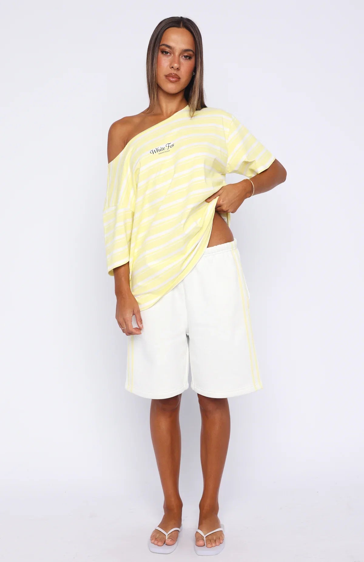 Verano Sixteen Magnolia Off Shoulder Oversized Tee Lemon White Stripe