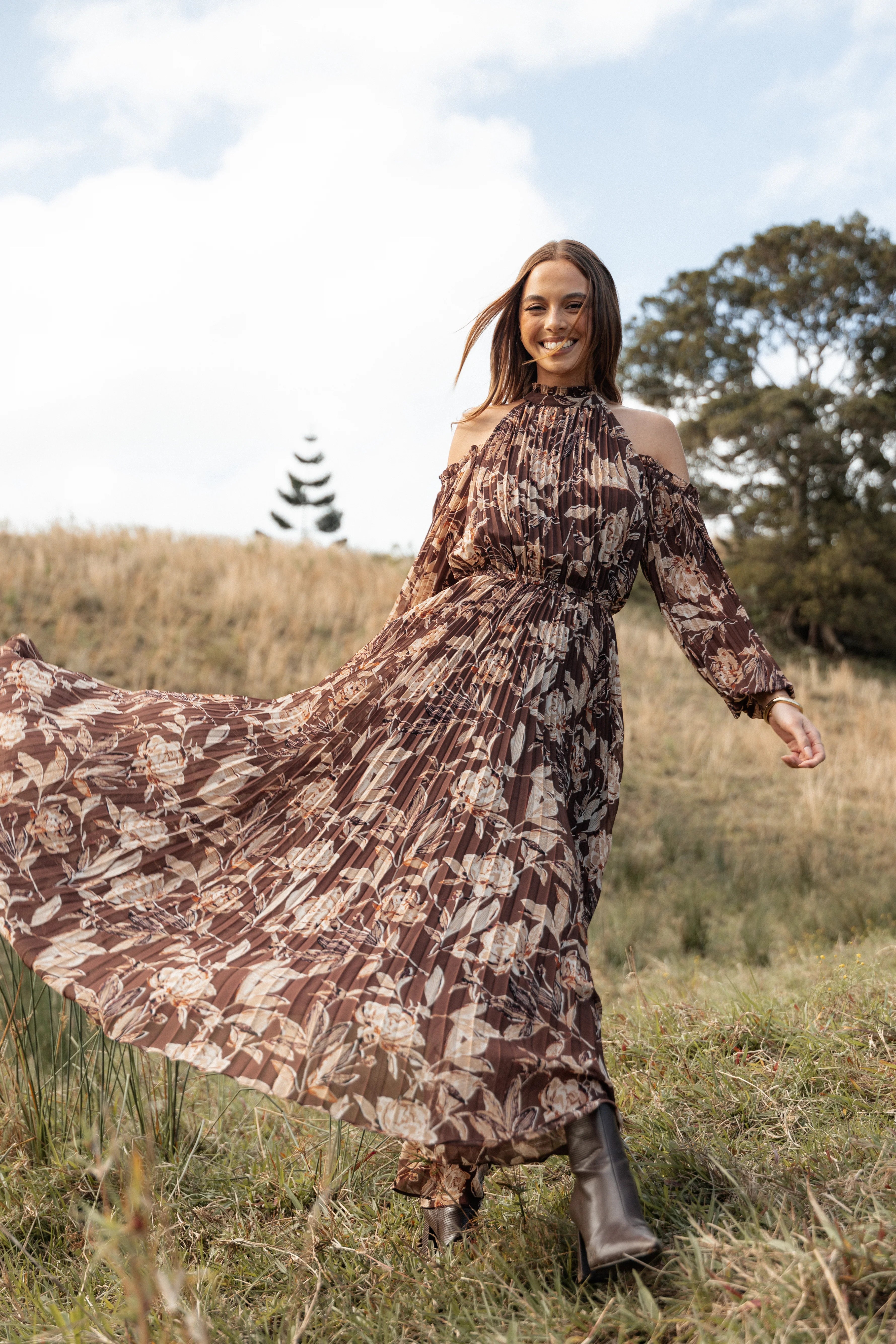 Hilary Pleated Maxi Dress Brown Floral