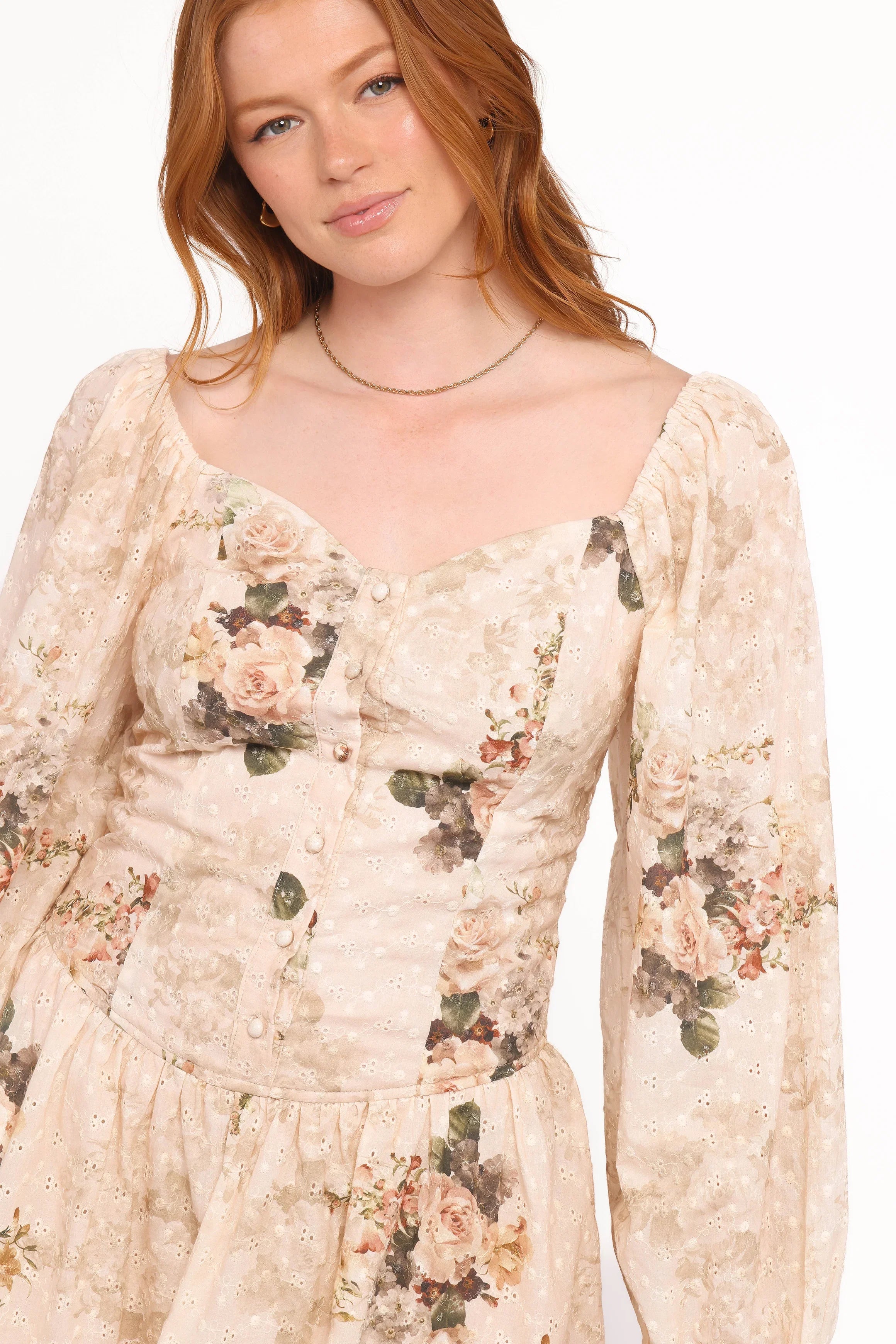 Greta Long Sleeve Romper Beige Floral