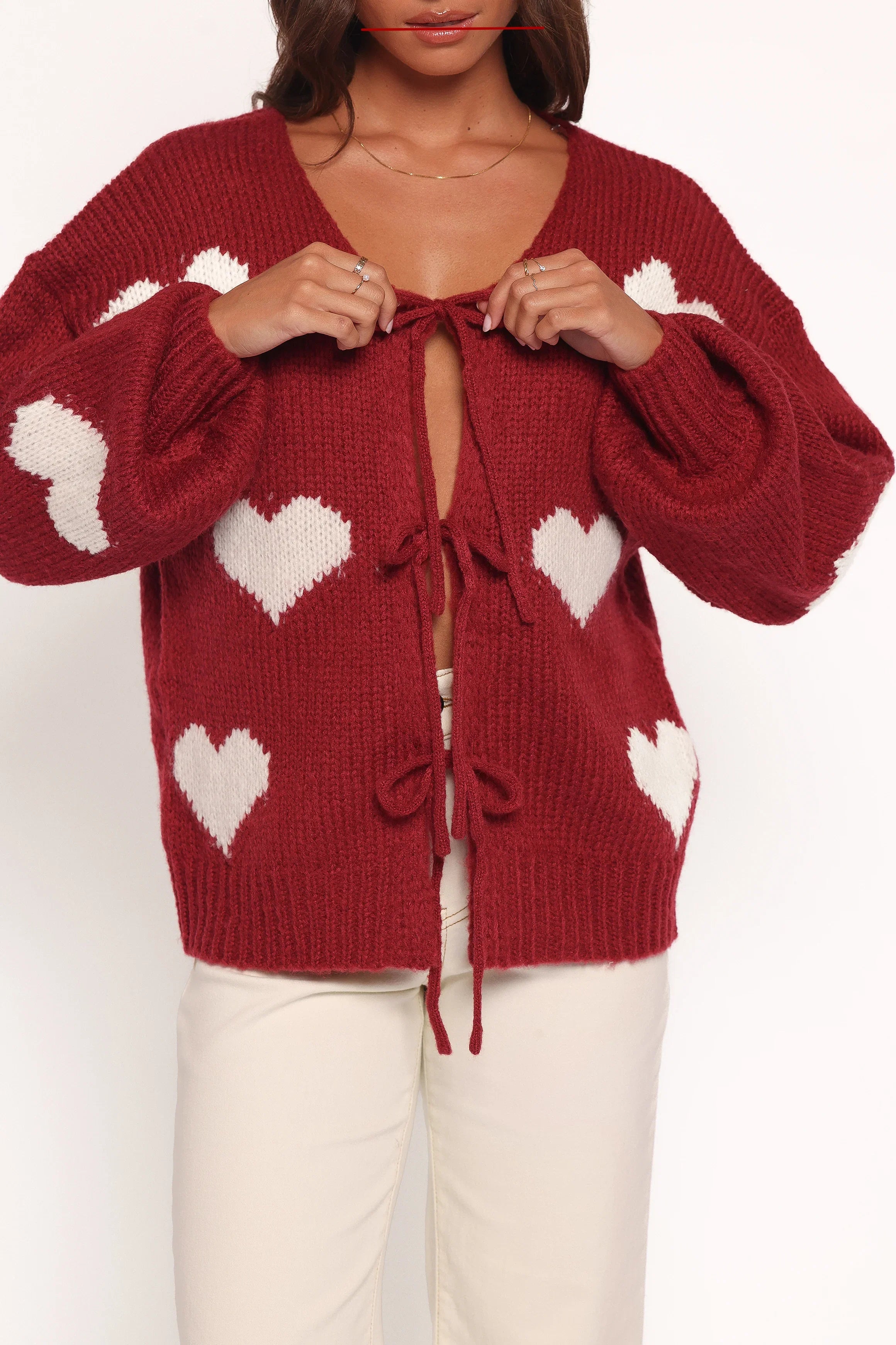 Nadine All Over Heart Tie Front Cardigan Wine