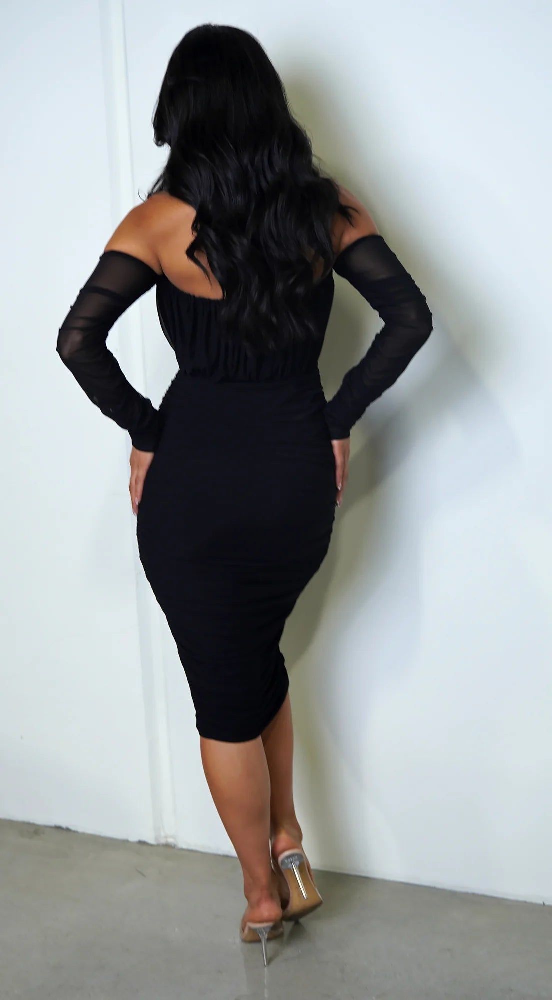 Annora Mesh Long Sleeve Ruched Midi Dress Black