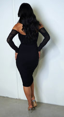 Annora Mesh Long Sleeve Ruched Midi Dress Black