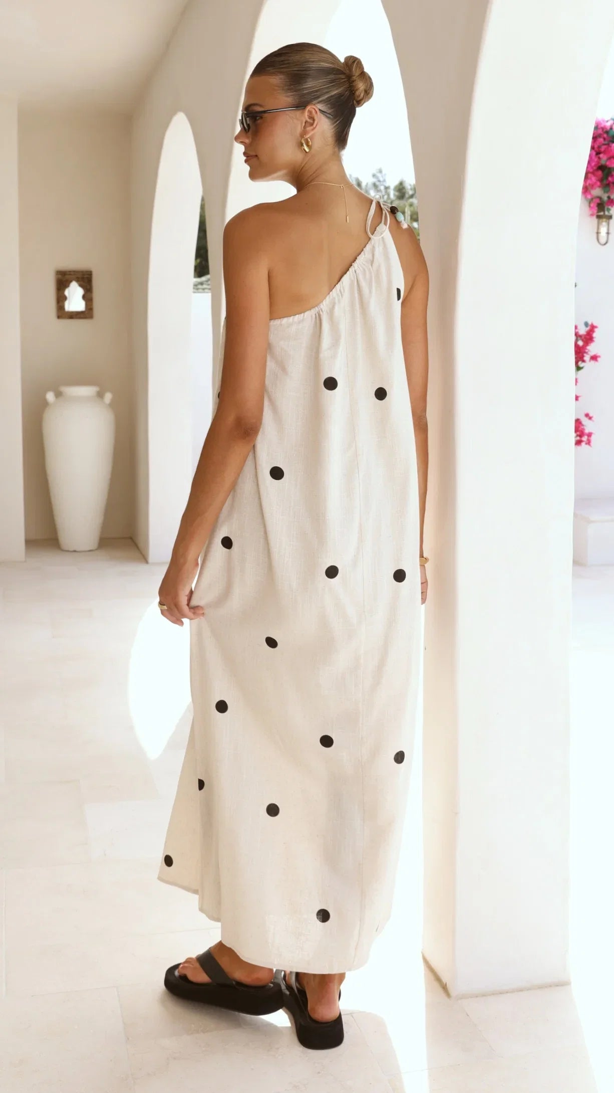 Nasira One Shoulder Maxi Dress Oat Black Polka Dot