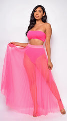 Palmaria Neon Pink Pleated Sheer Tulle Maxi Cover up Skirt