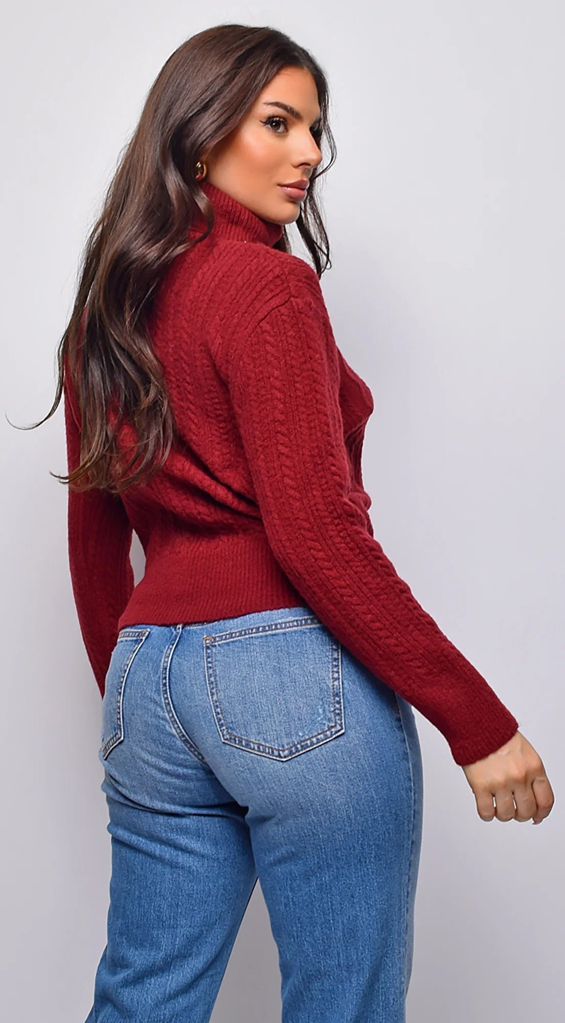 Gisella Cable Knit Turtle Neck Sweater Top Burgundy