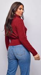 Gisella Cable Knit Turtle Neck Sweater Top Burgundy