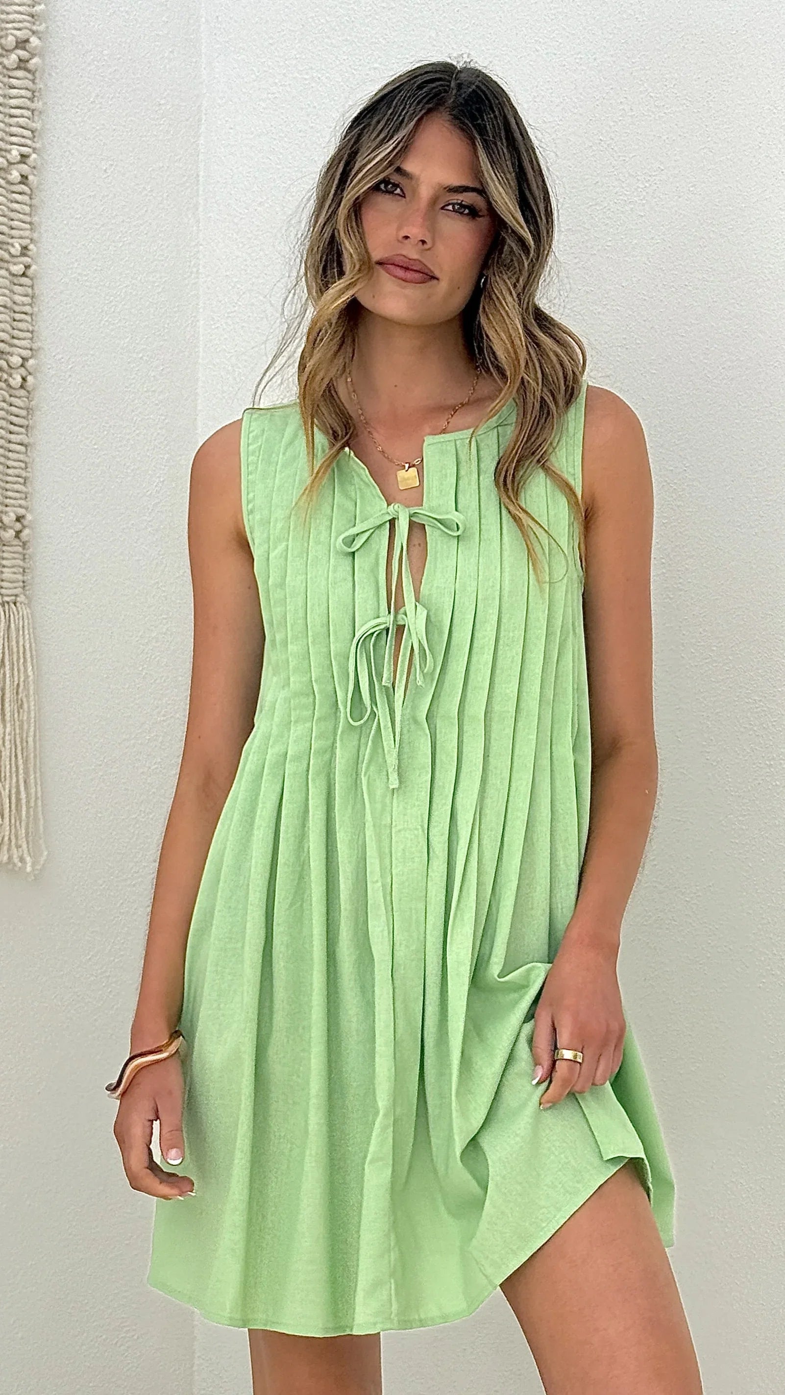 Launa Tie Front Mini Dress Matcha Green