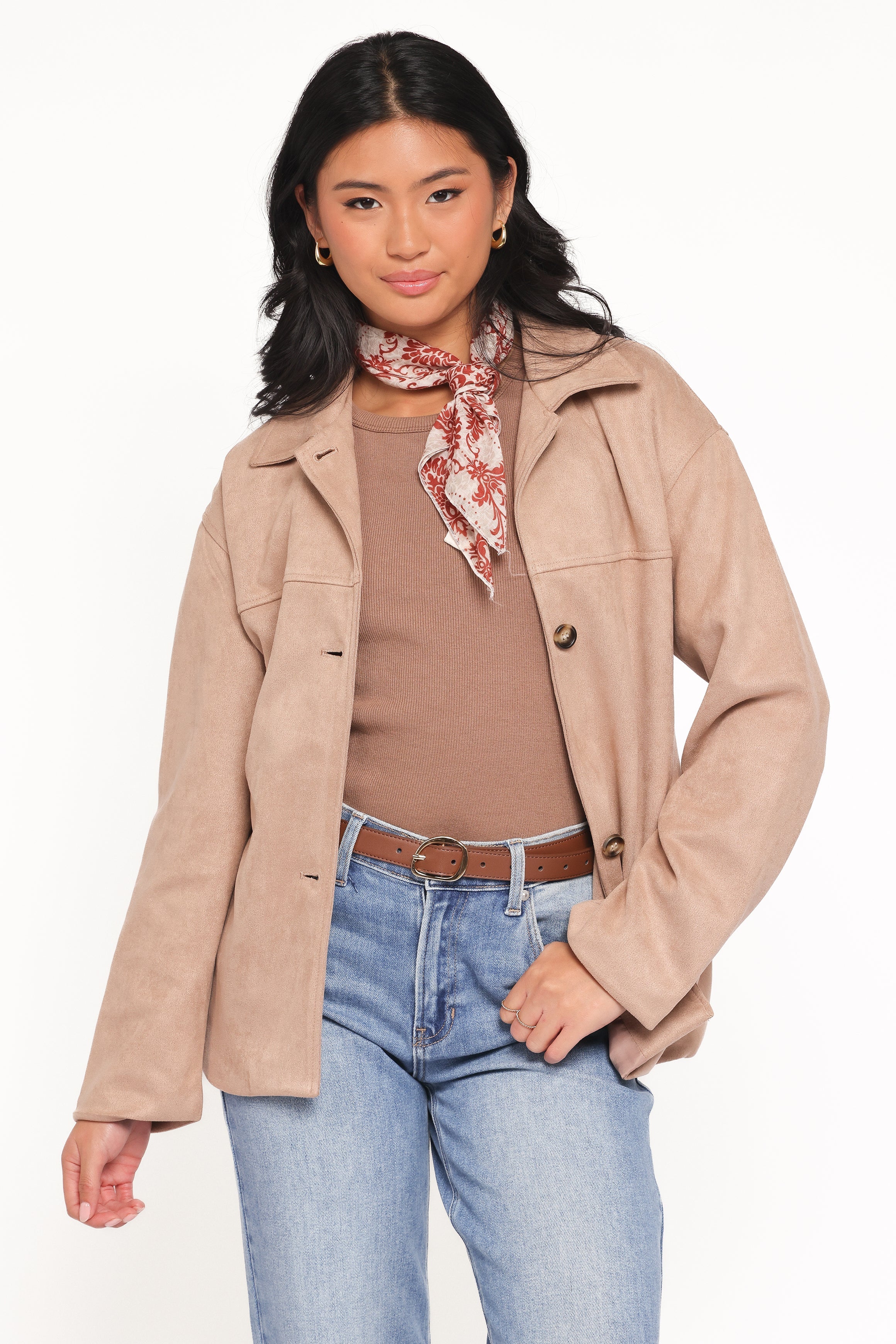 Nelly Faux Suede Cropped Trench Coat Mushroom