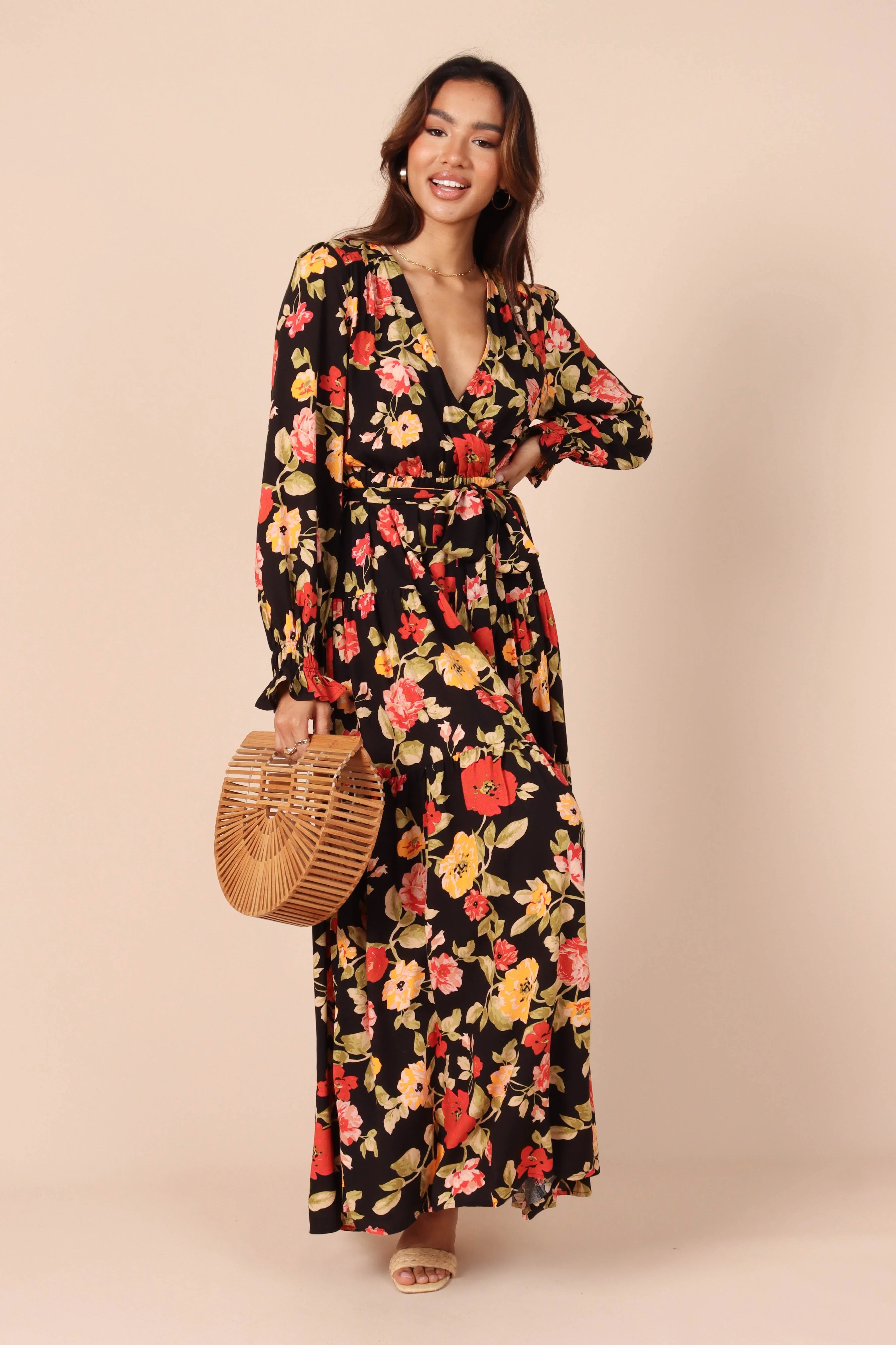 Ruana Maxi Dress Black Floral
