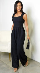 Priya Square Neck Sleeveless Textured Jumpsuit Black