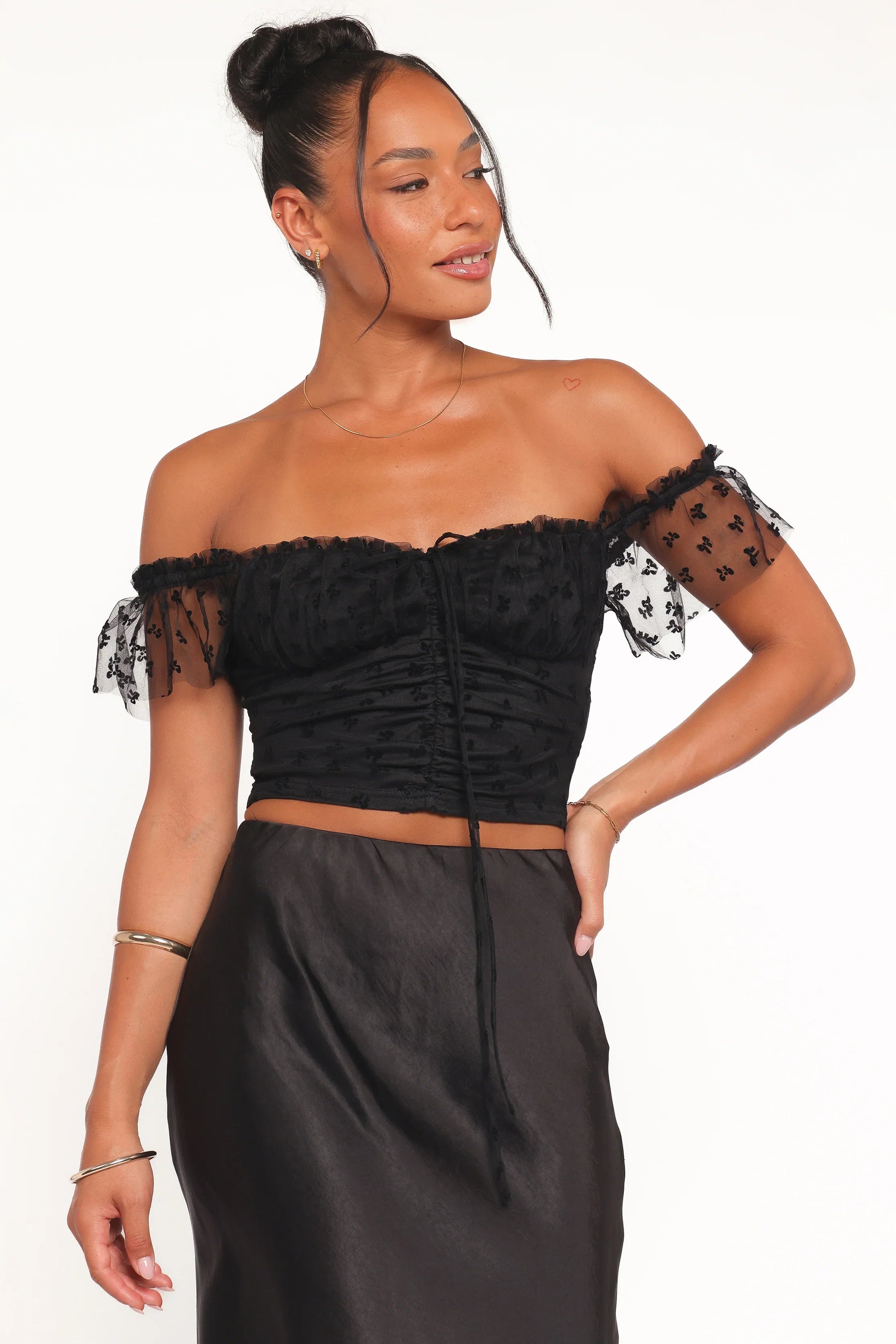 Aster Off Shoulder Mesh Top Black