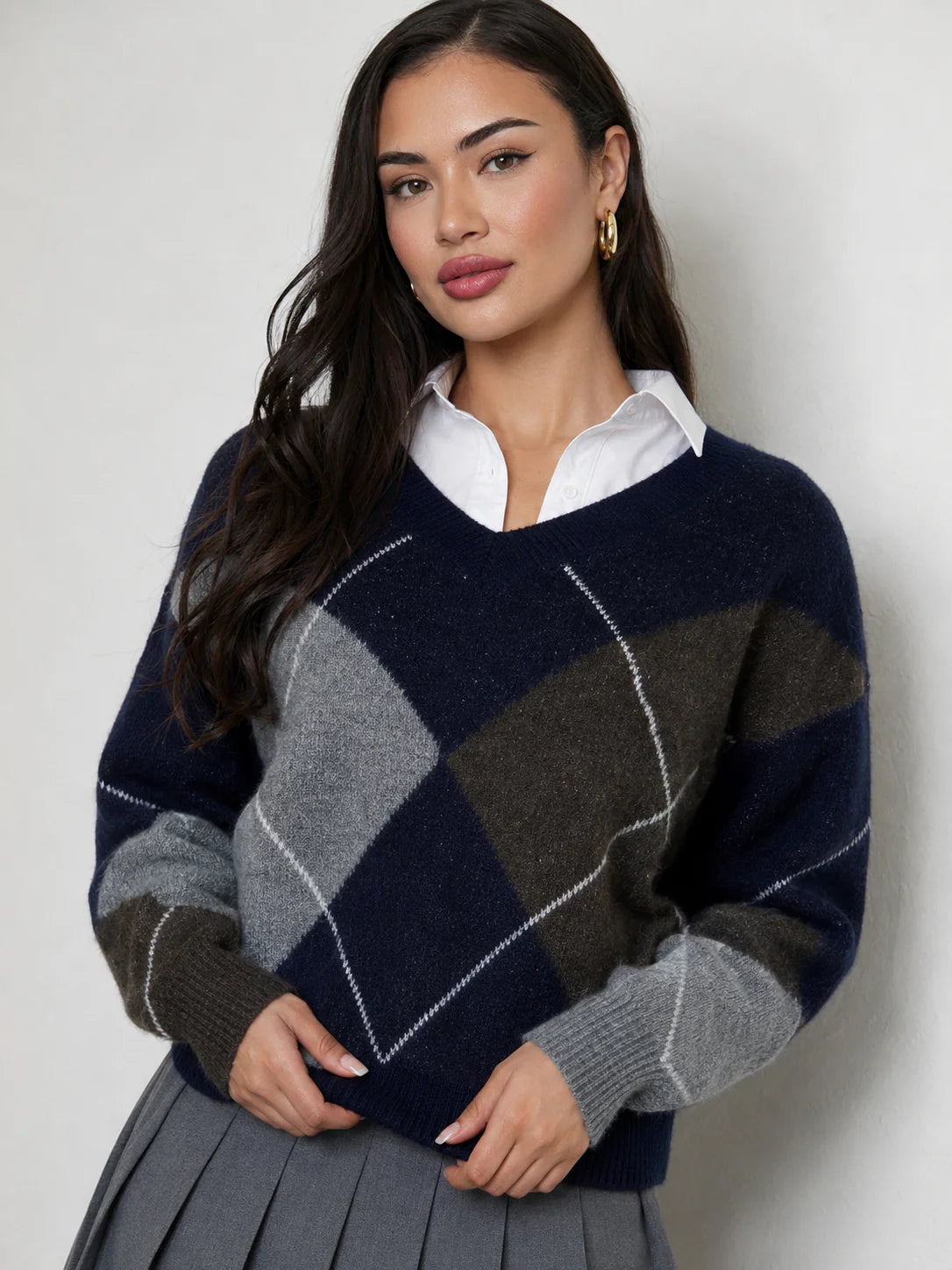 Noxley Argyle V Neck Long Sleeve Sweater Navy