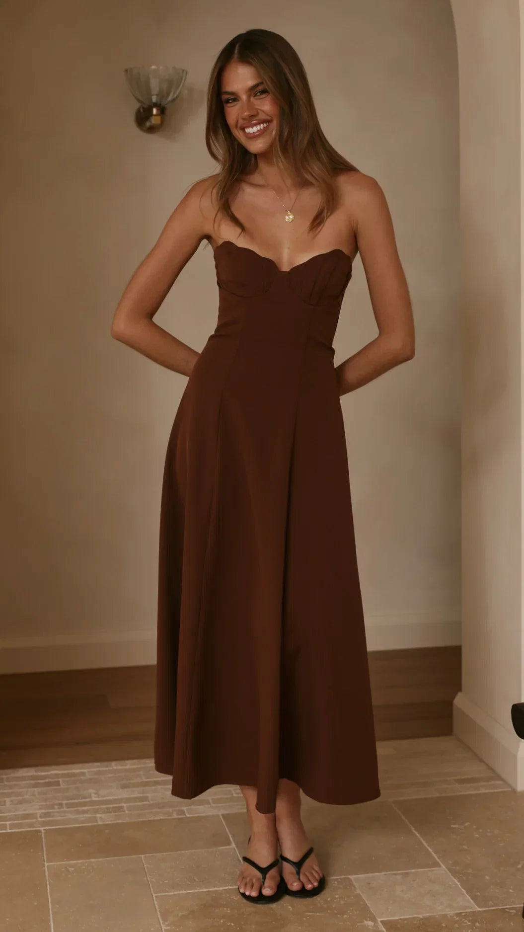 Janessa Strapless Midi Dress Chocolate