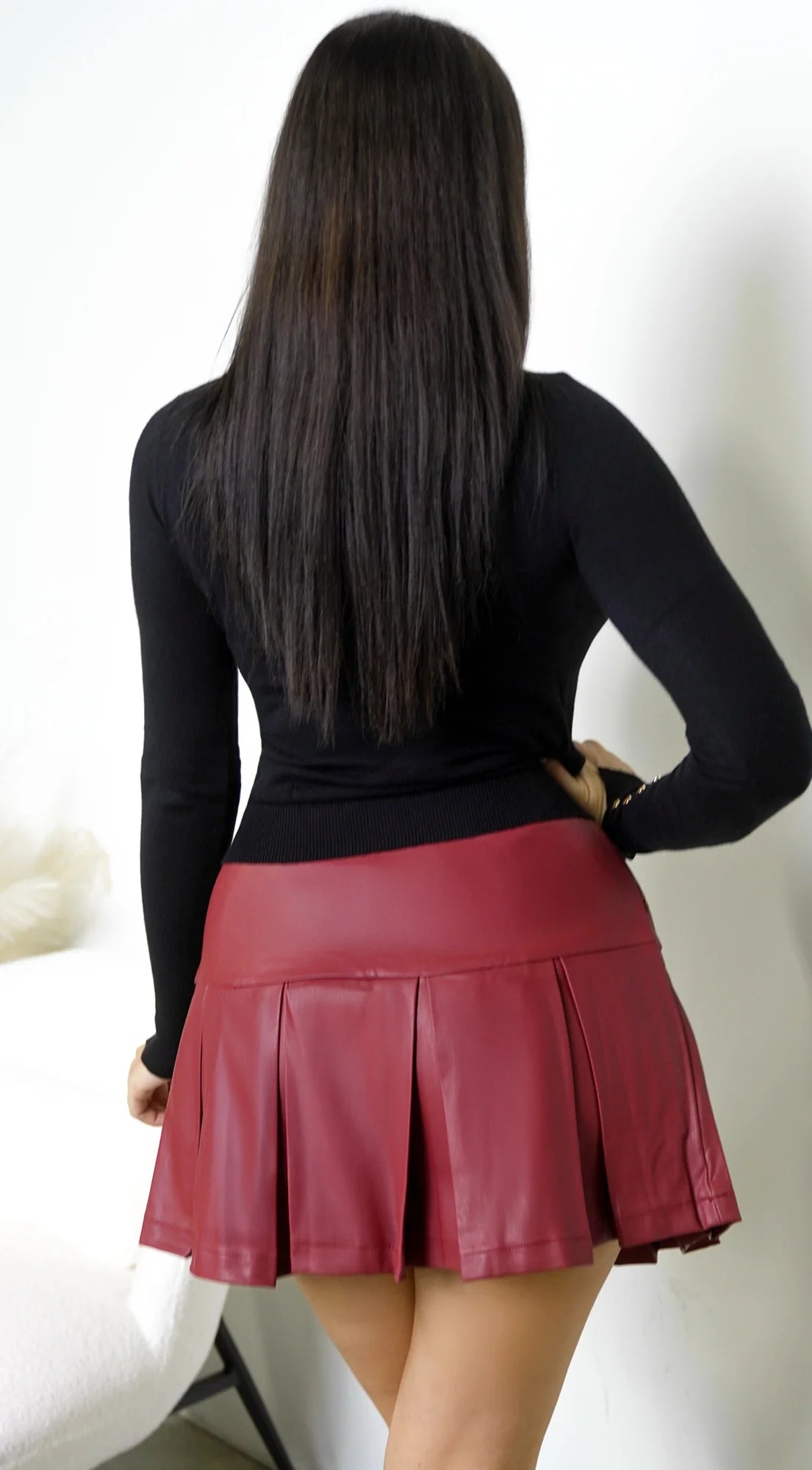 Nerix Pleated PU Leather Skirt Brick Red