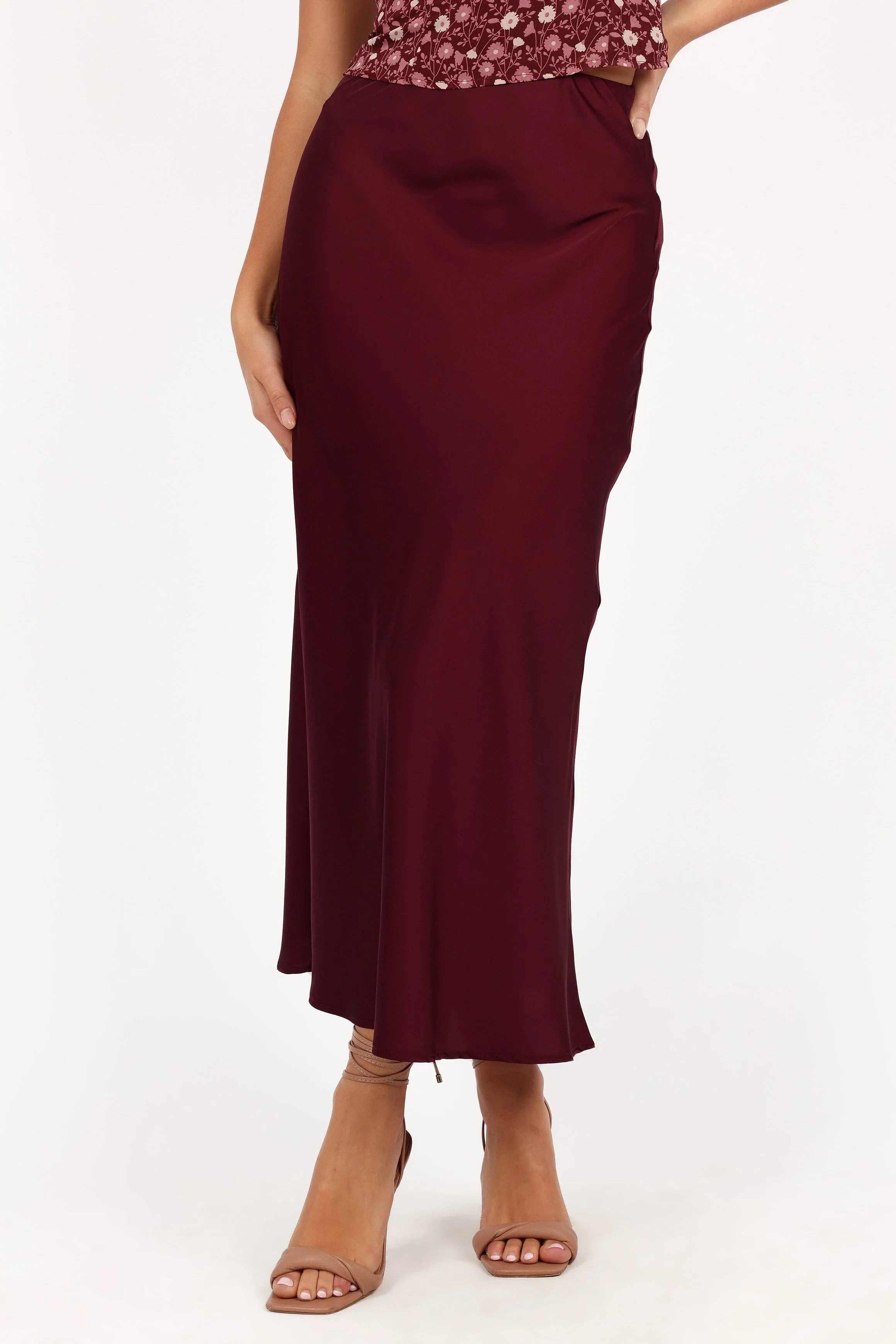 Nellie Satin Midi Skirt Burgundy