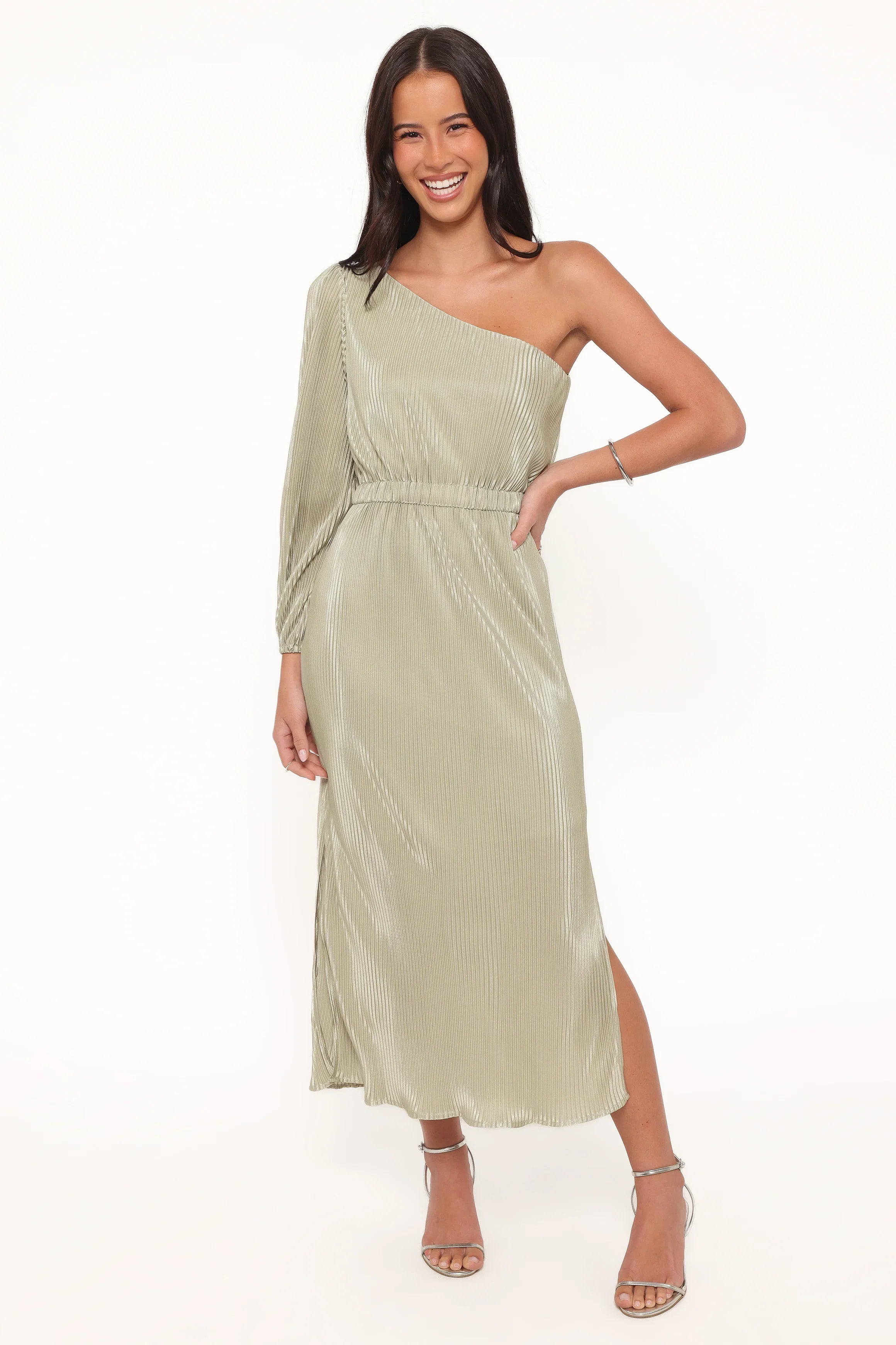 Pontee One Shoulder Pleated Midi Dress Sage Green