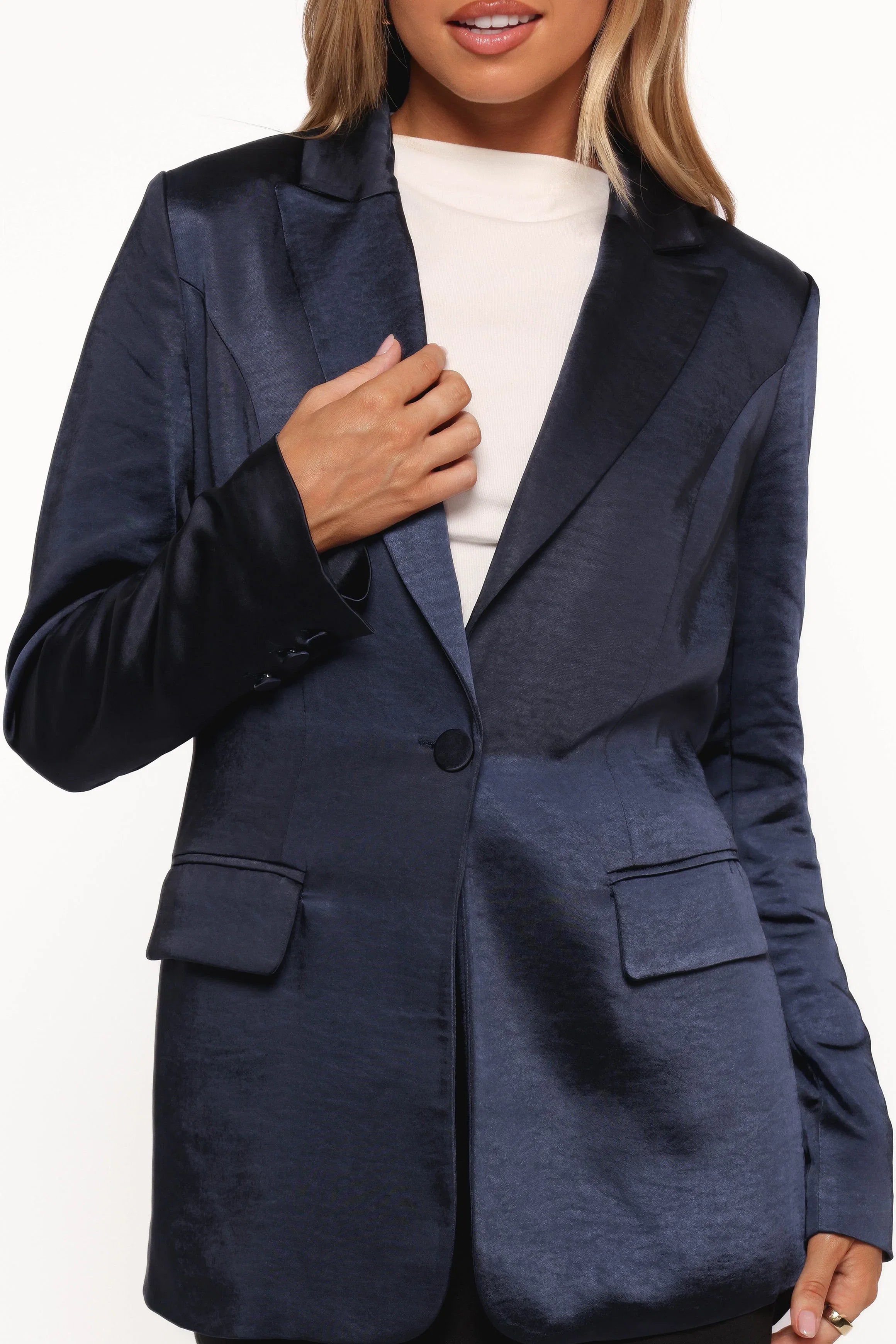 Williams Single Button Matte Satin Blazer Navy