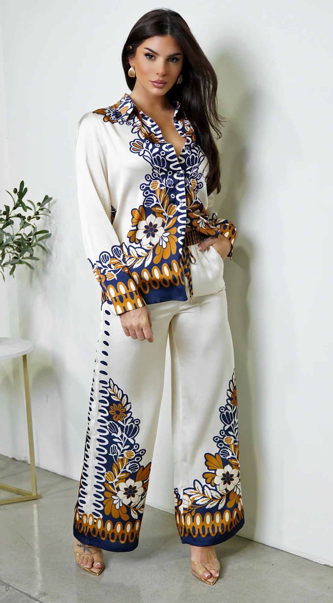 Georgina Floral Print Satin Set Cream